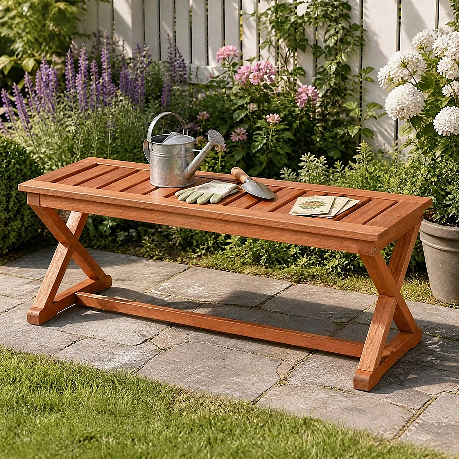 SUGIFT 44-In Teak-Finish Outdoor Wood Bench, 2-Person, 440-Lb Capacity