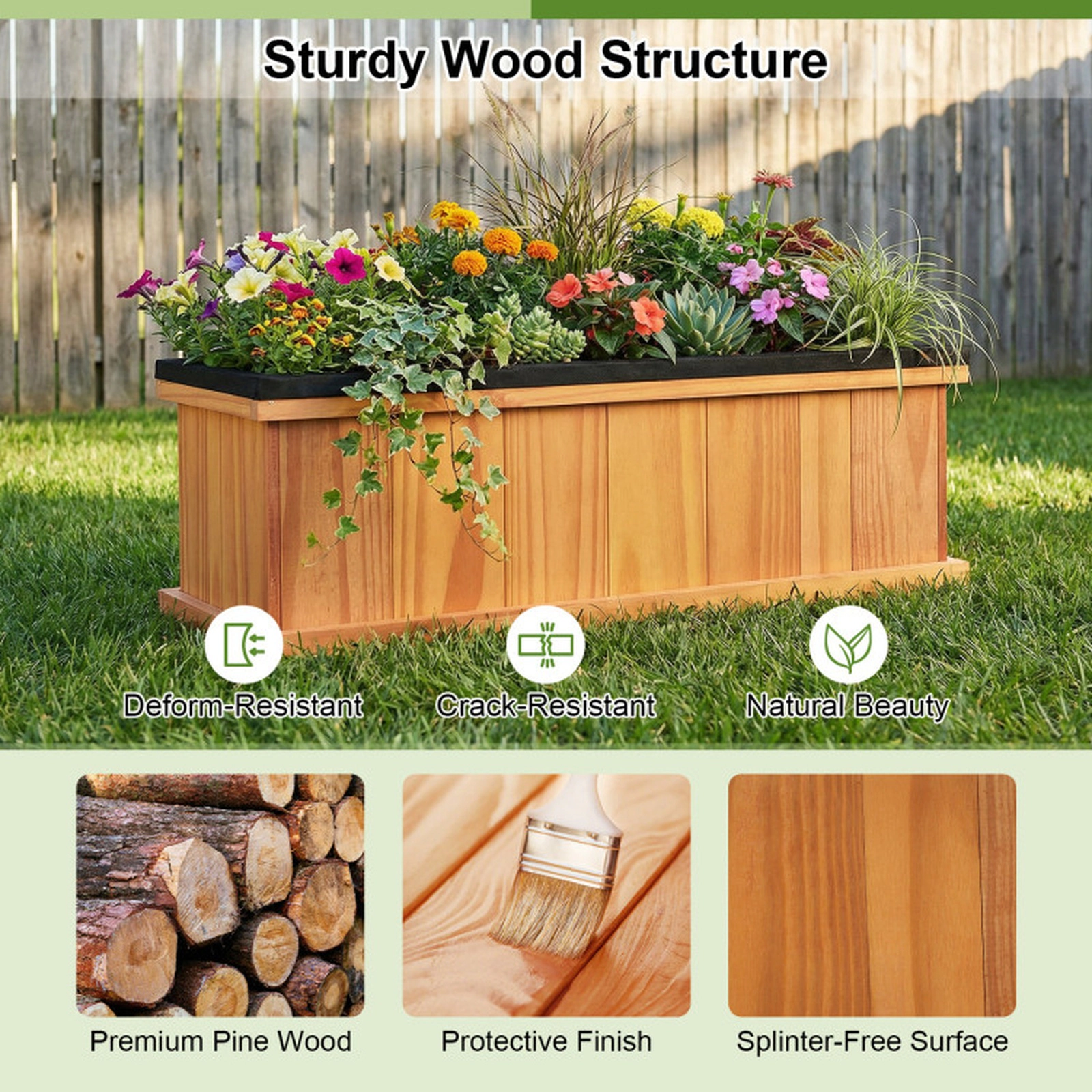 SUGIFT 88-lb Capacity 28-in Pine Wood Raised Garden Bed Planter Box with Drainage Holes Liner and Detachable Base