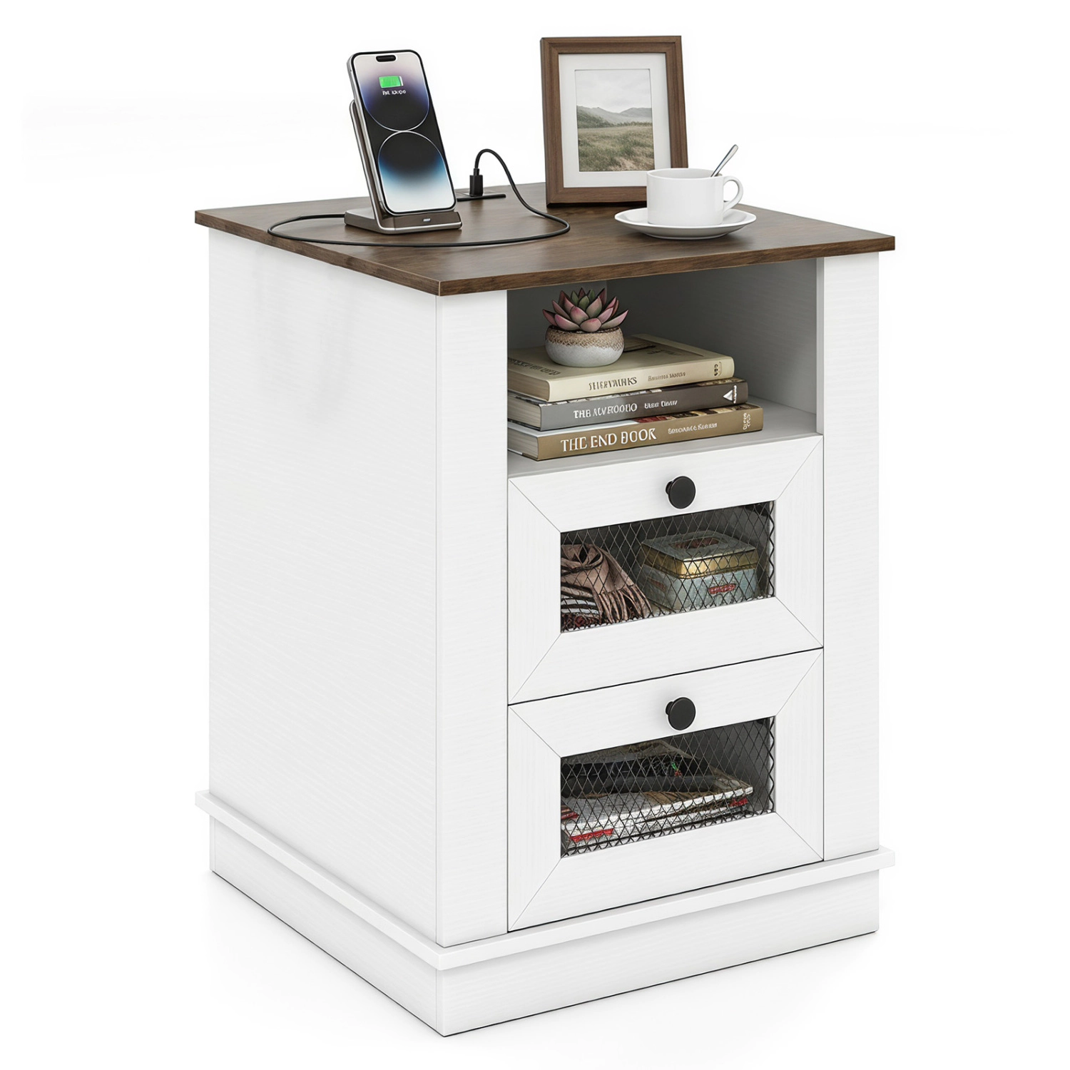 Glintex Industrial Nightstand with Metal Mesh Drawer Fronts and Charging Station, Rustic Brown