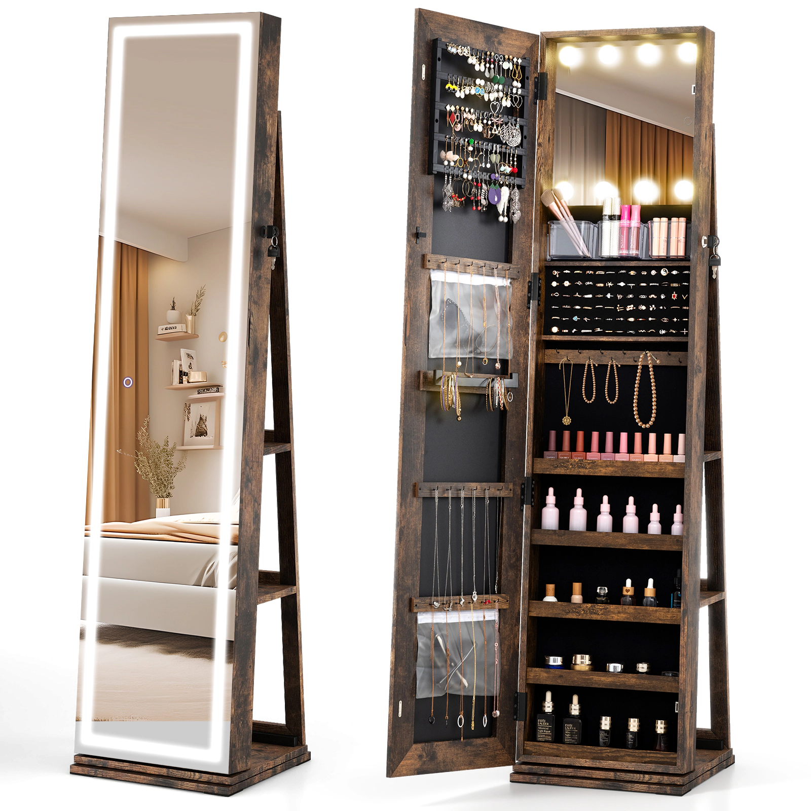 LJG 360° Swivel Freestanding Jewelry Cabinet with Lighted Full Length Mirror