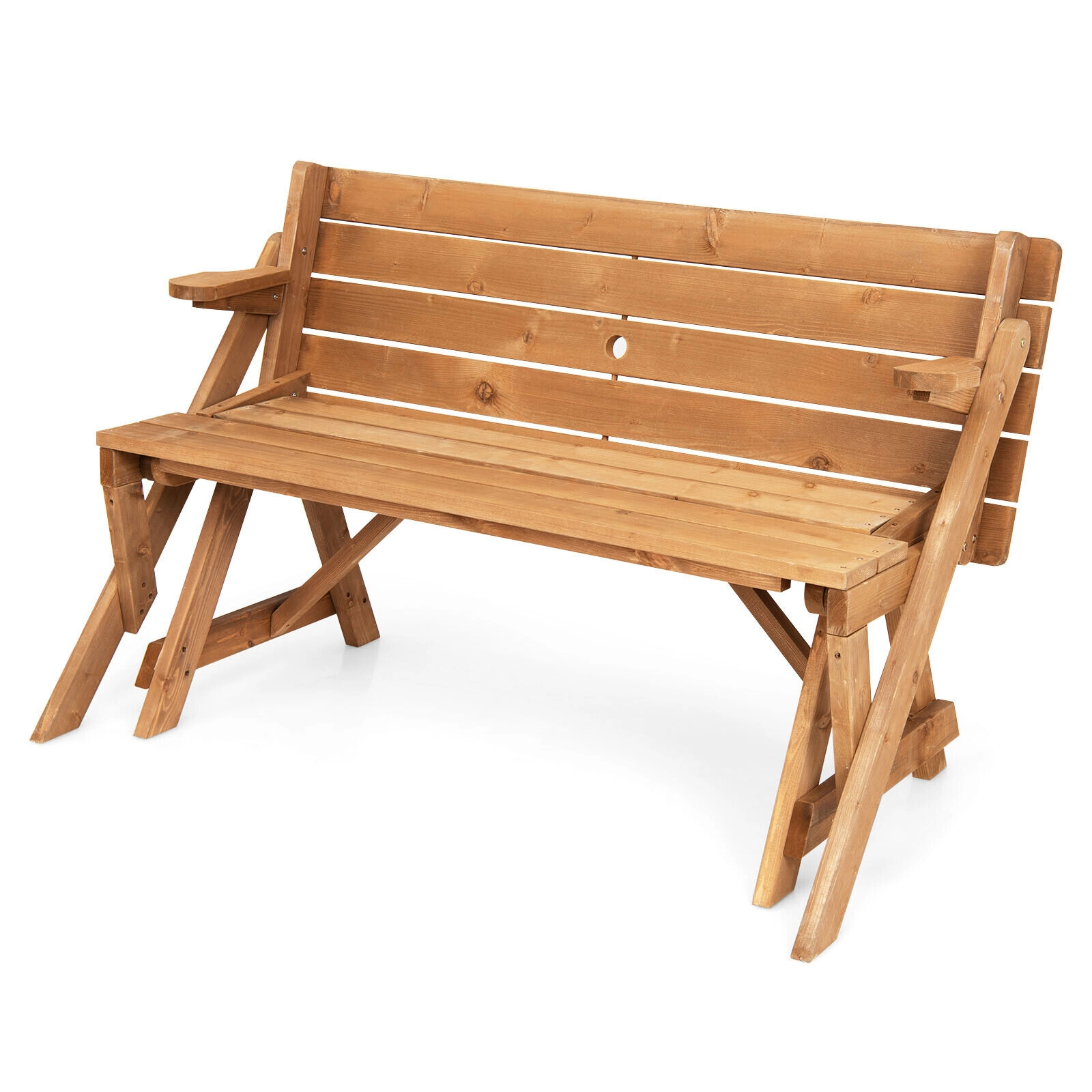 SUGIFT 2-in-1 Convertible Fir Wood Picnic Table and Garden Bench, Dark Brown, Umbrella Hole