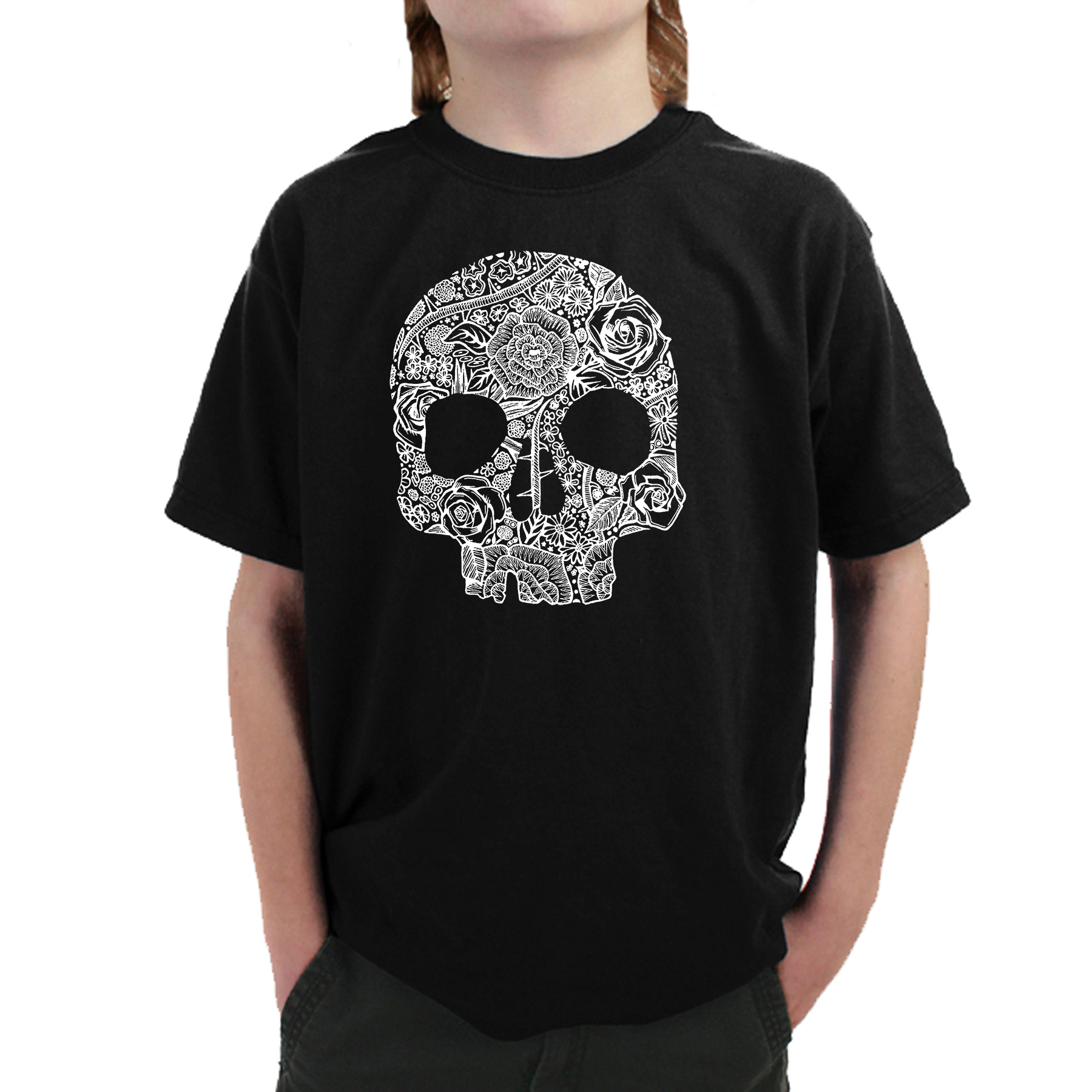 LA Pop Art Boy's Word T-Shirt - Flower Skull