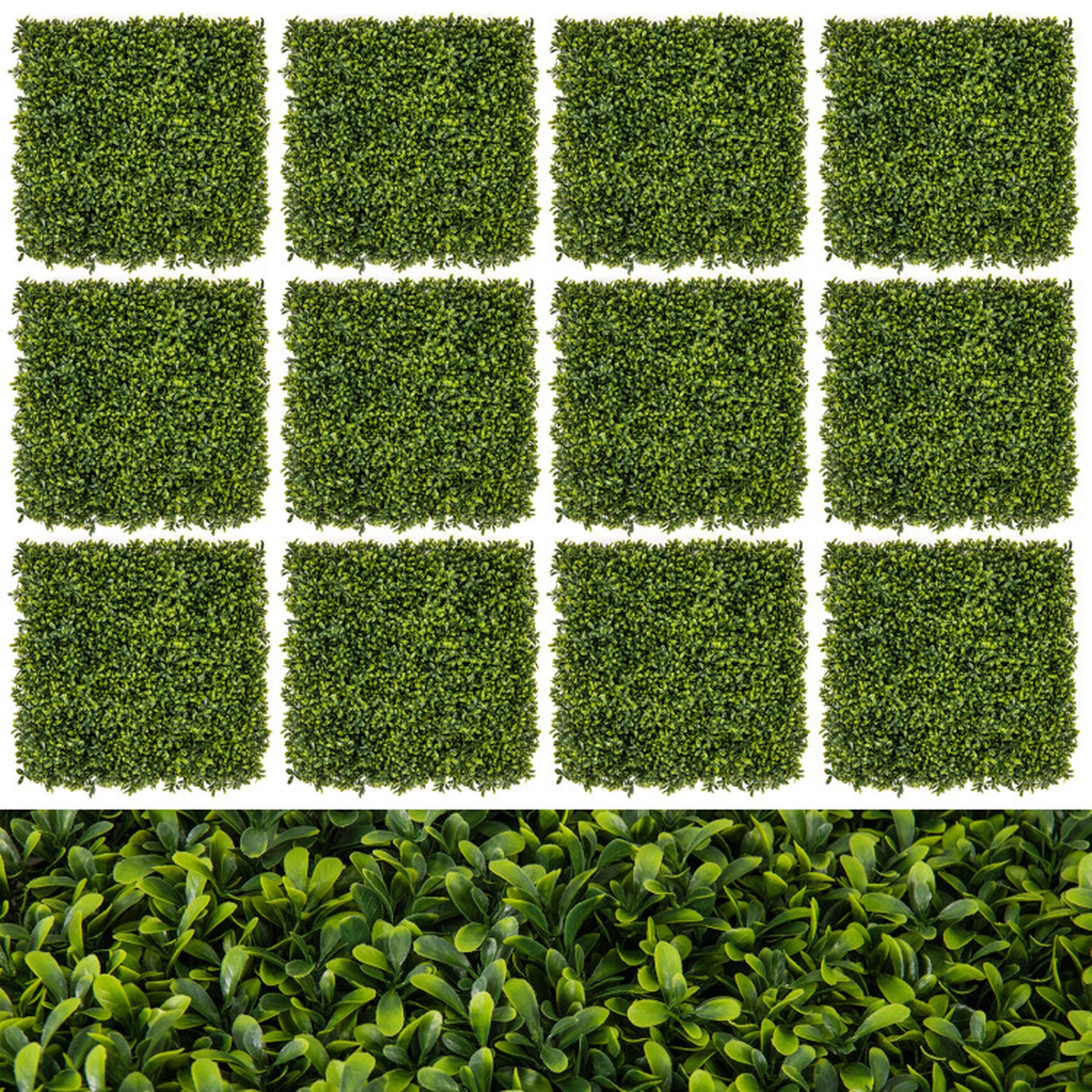 SUGIFT 12-Pieces Artificial Hedge Boxwood Panels 20 x 20-in 32-sq.ft Coverage 3-in Thick Green