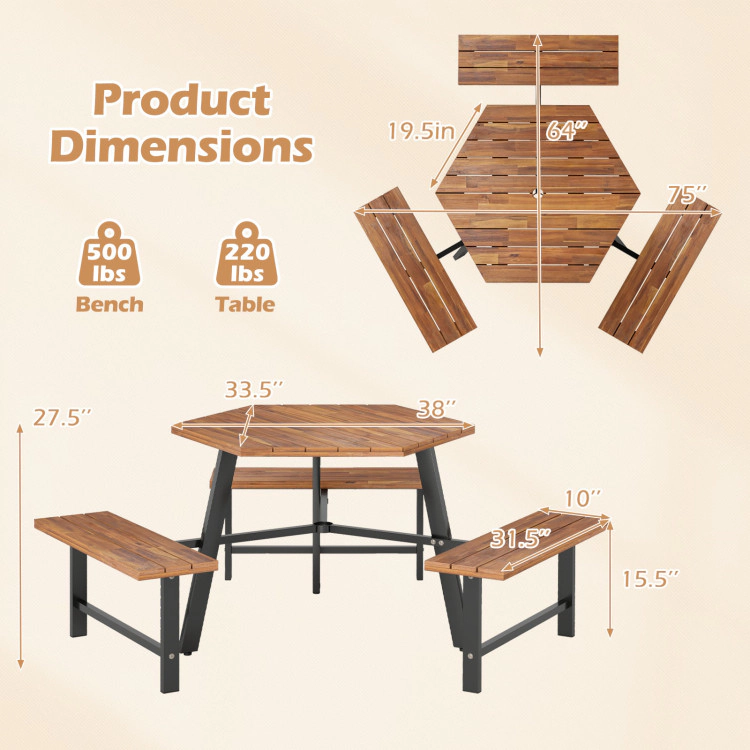 Hivvago 6 Person Acacia Wood Picnic Table Bench Set With 3 Seats