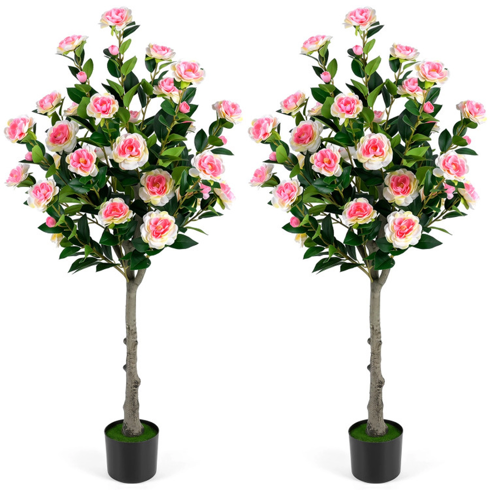 SUGIFT Set of 2 50.5-in 27 Blossoms Cement-Filled Pots Artificial Camellia Trees 6-in x 5-in Pot 15-lb Pink