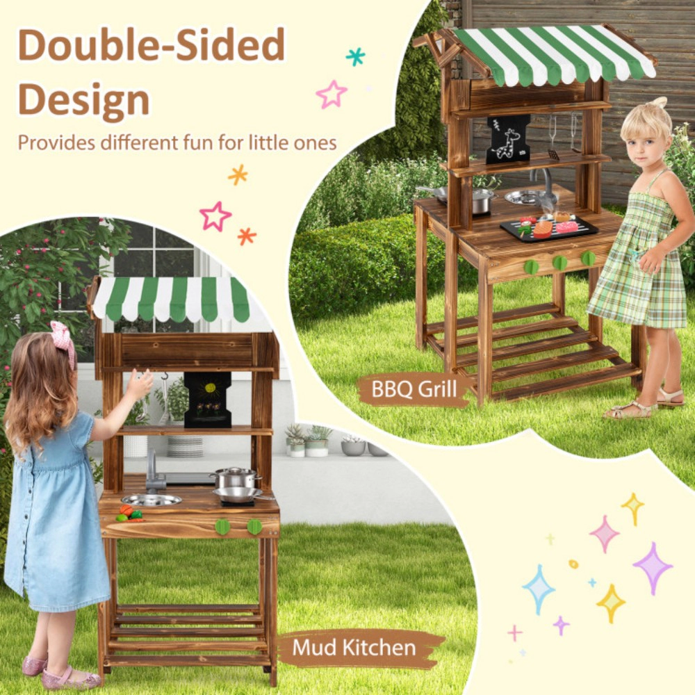 SUGIFT Double-Sided Mud Kitchen with Canopy and Sliding Chalkboard for Ages 3+ Brown