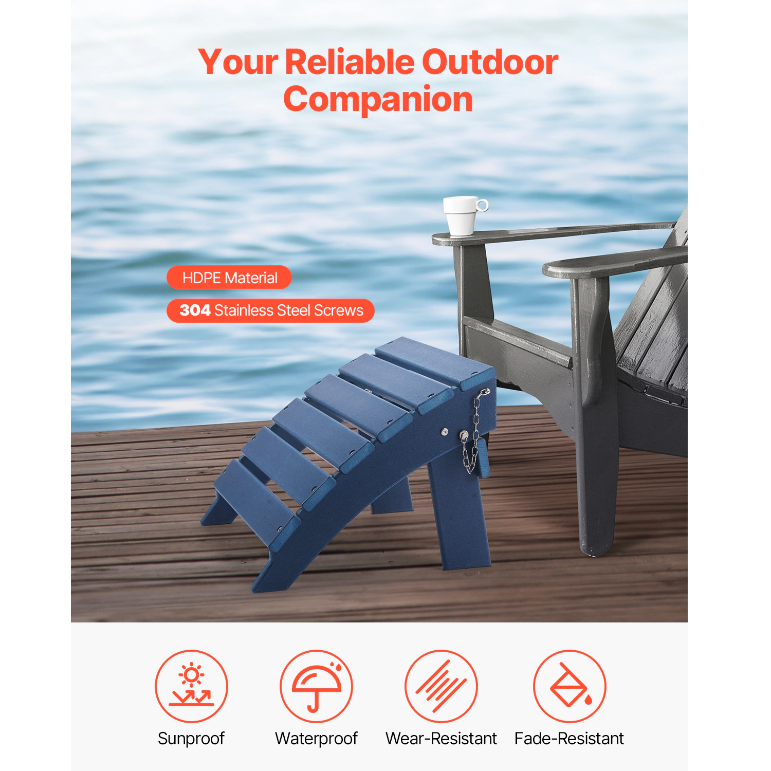 HONGGE Adirondack Ottoman HDPE Plastic Folding Weather-Resistant Foot Rest for Chair