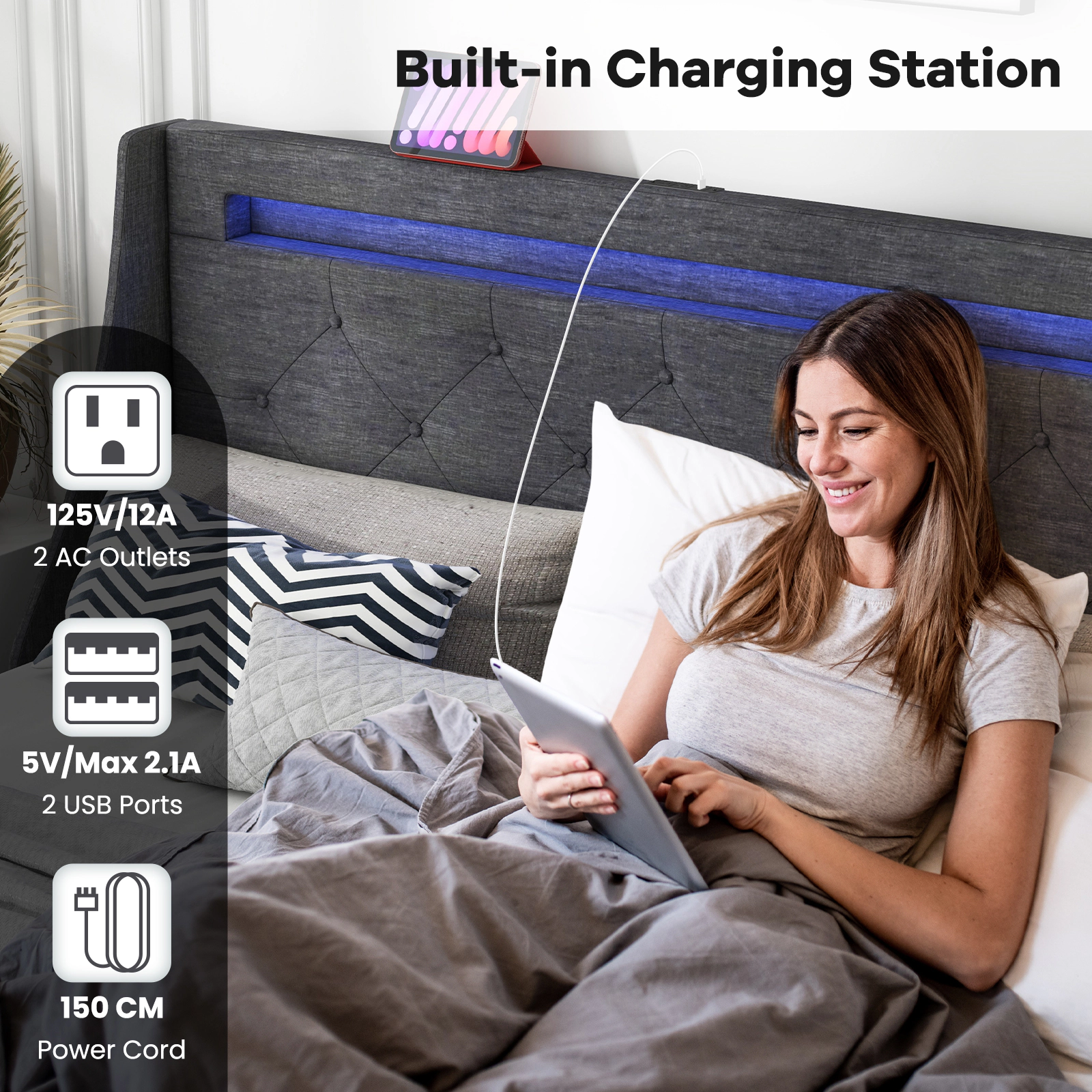 LJG Full Size Bed Frame with LED Lights Wingback Headboard and Charging Station