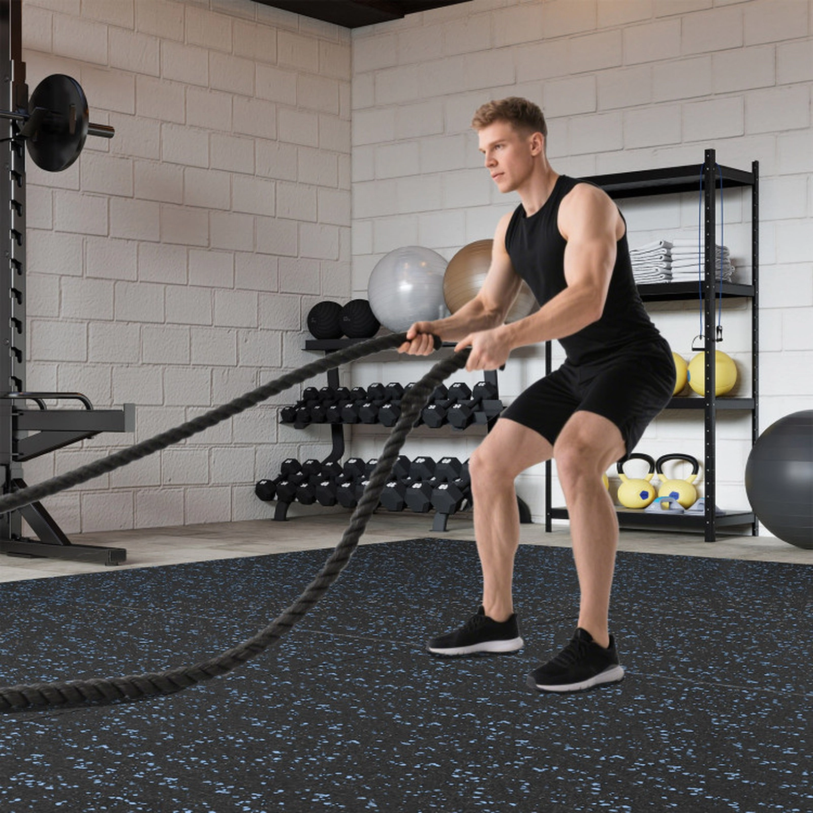 SUGIFT Black and Blue 0.79-in Thick 12-Tile 48-sq ft Rubber Top Interlocking Exercise Mat Tiles