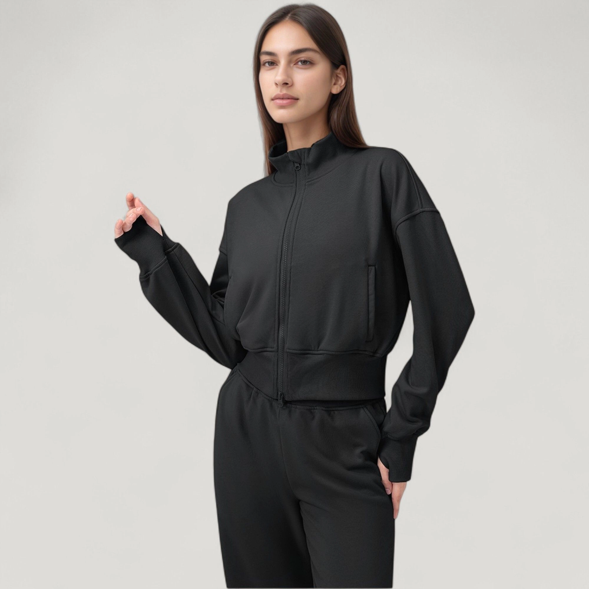 Anna-Kaci Women's Cropped Zip-Up Jacket with High Collar and Long Sleeves