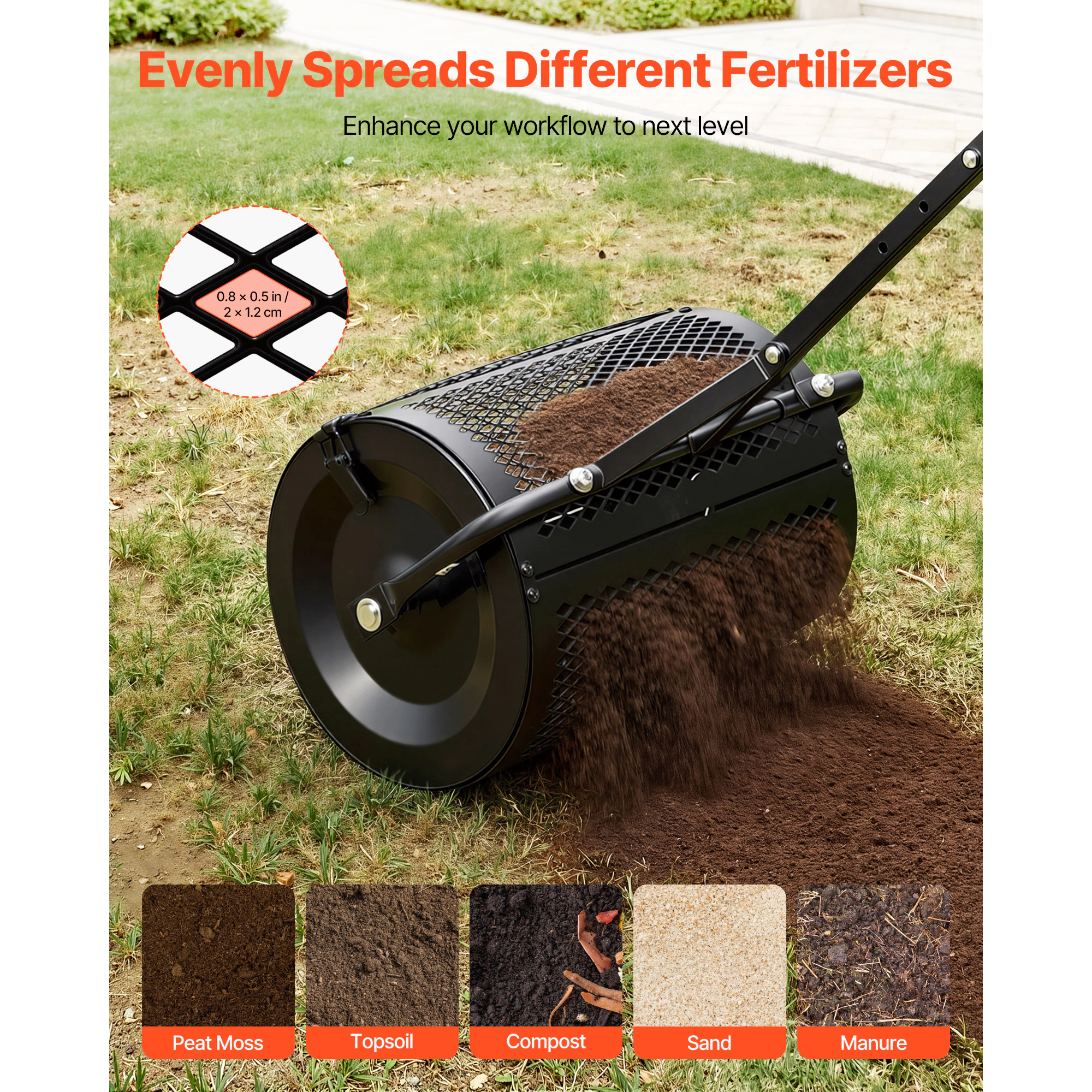 HONGGE Heavy Duty Compost Spreader Peat Moss Roller with Adjustable Handle Heights Powder-Coated Steel Garden Seeding
