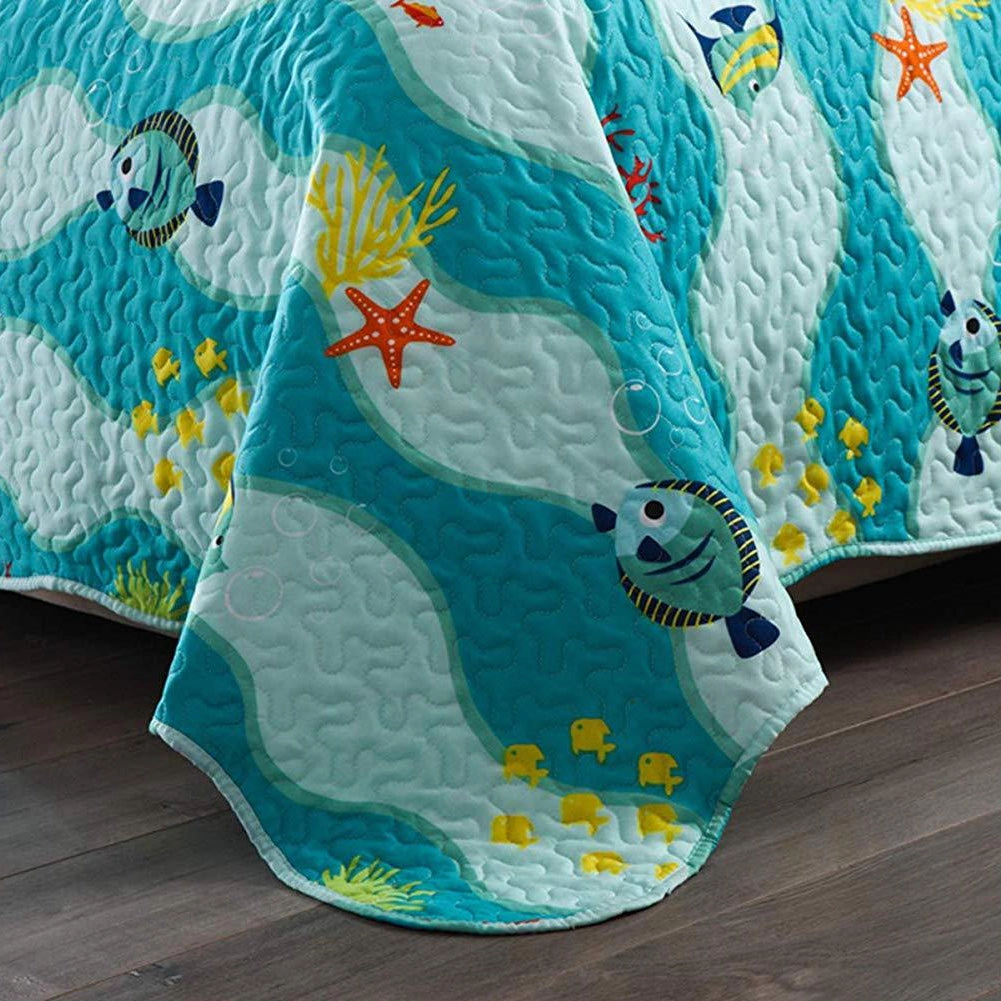 MarCielo 2/3 Piece Kids Ocean Quilt Set, Sea Life Bedspread Set