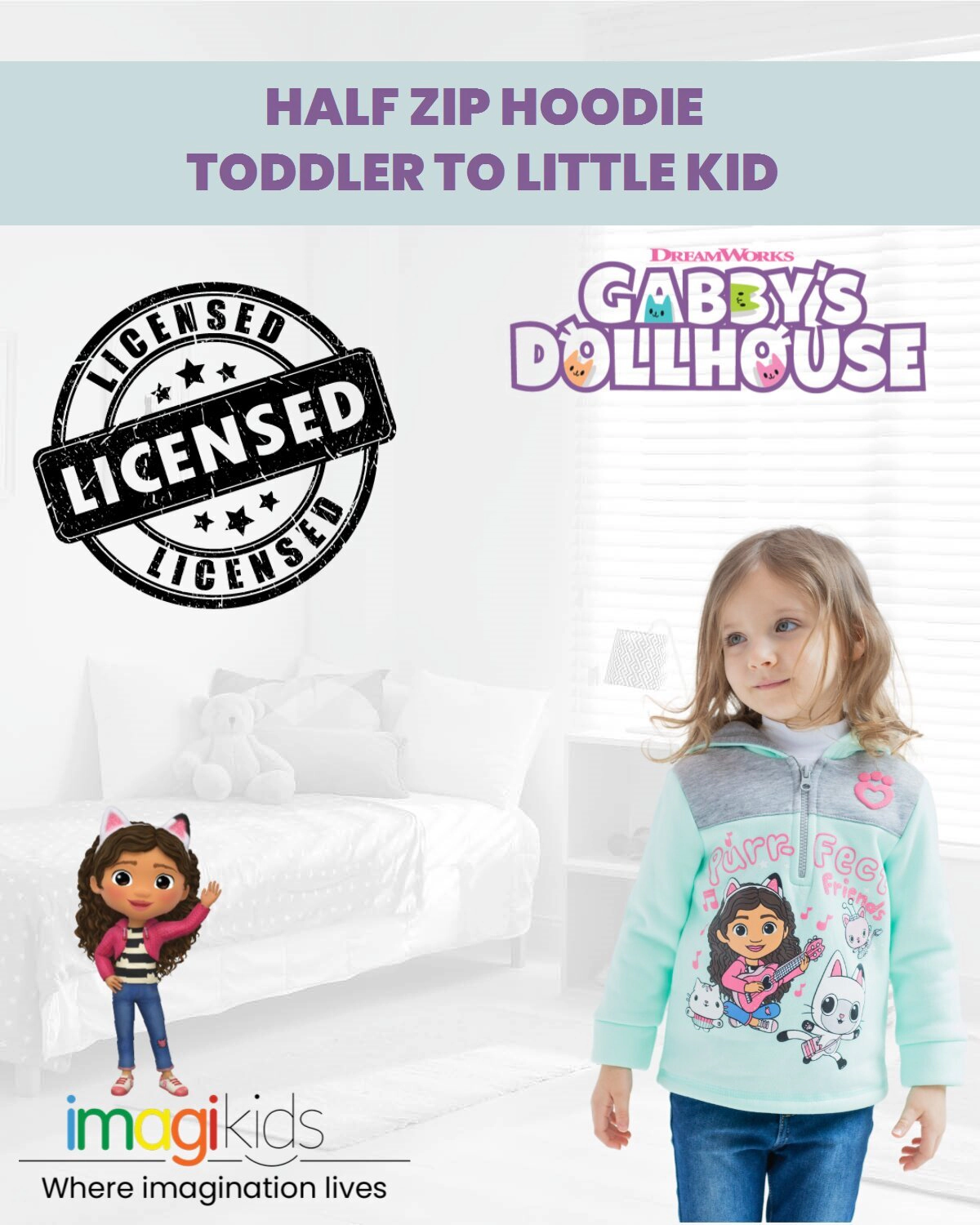 Dreamworks Gabby's Dollhouse Girls' Fleece Quarter-Zip Hooded Sweatshirt