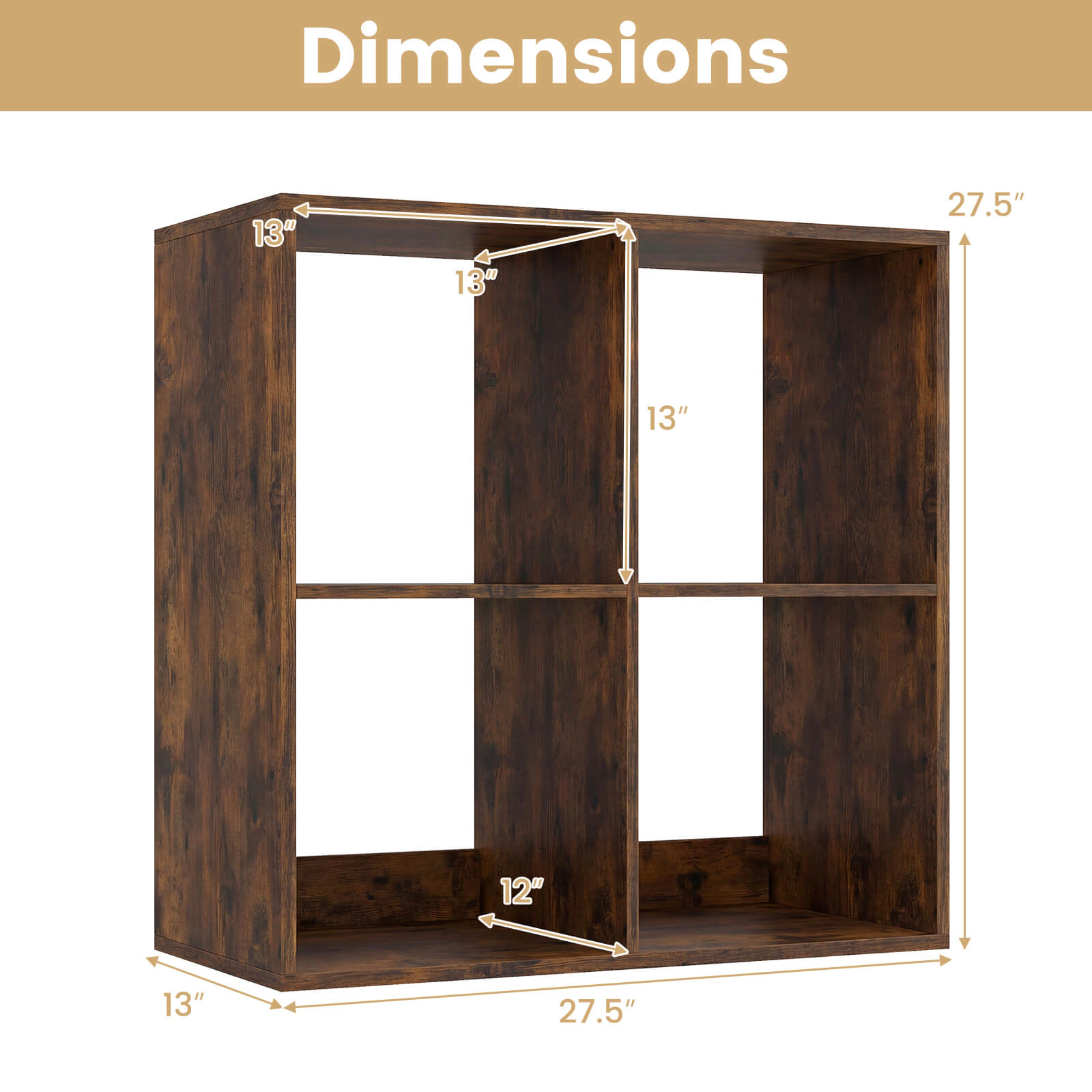 Costway 4-Cube Bookshelf, Modern Cubby Bookcase with Back Guardrail & Anti-tipping Kits Natural