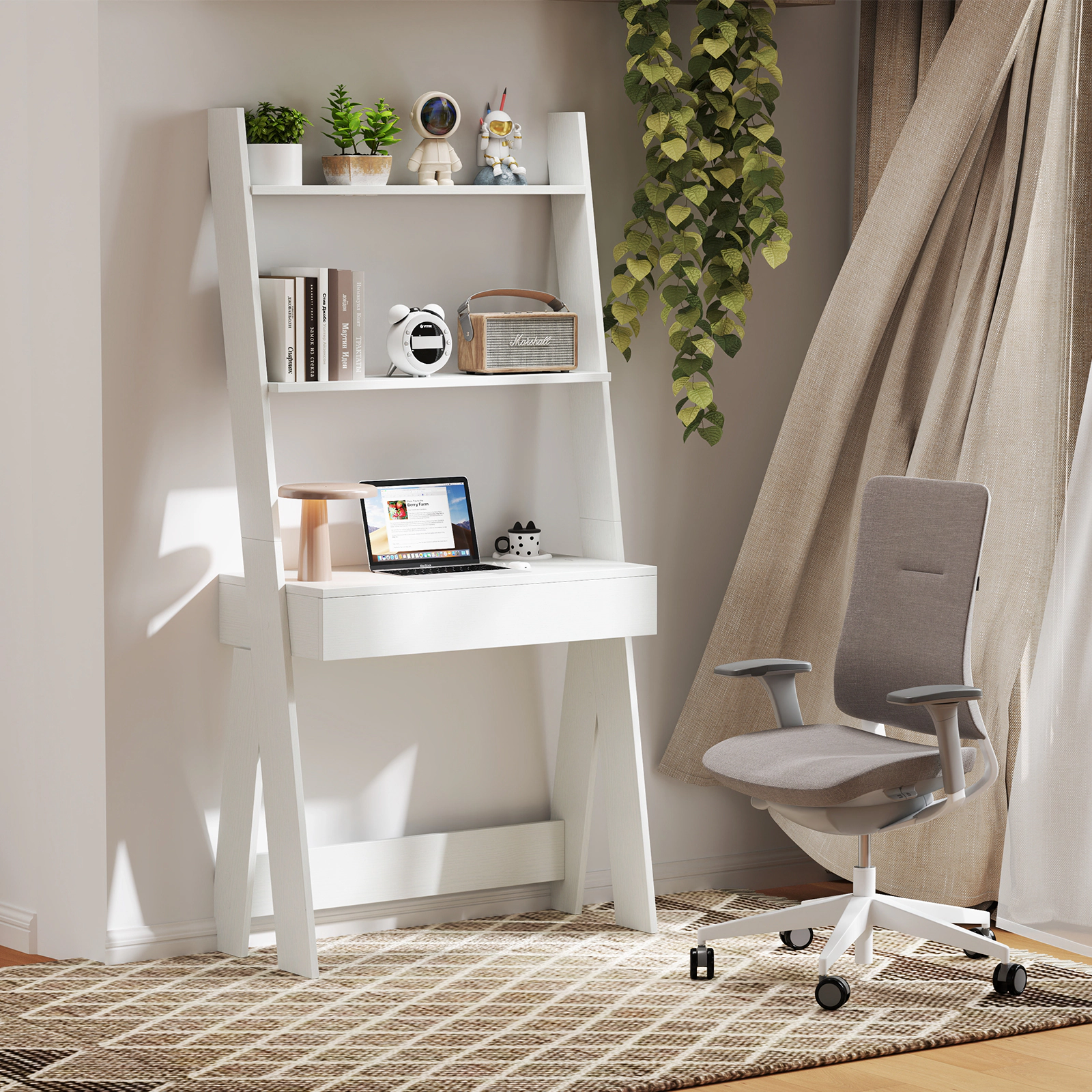 LJG Ladder Shelf Desk with Countertop Drawer and Anti-Toppling Device