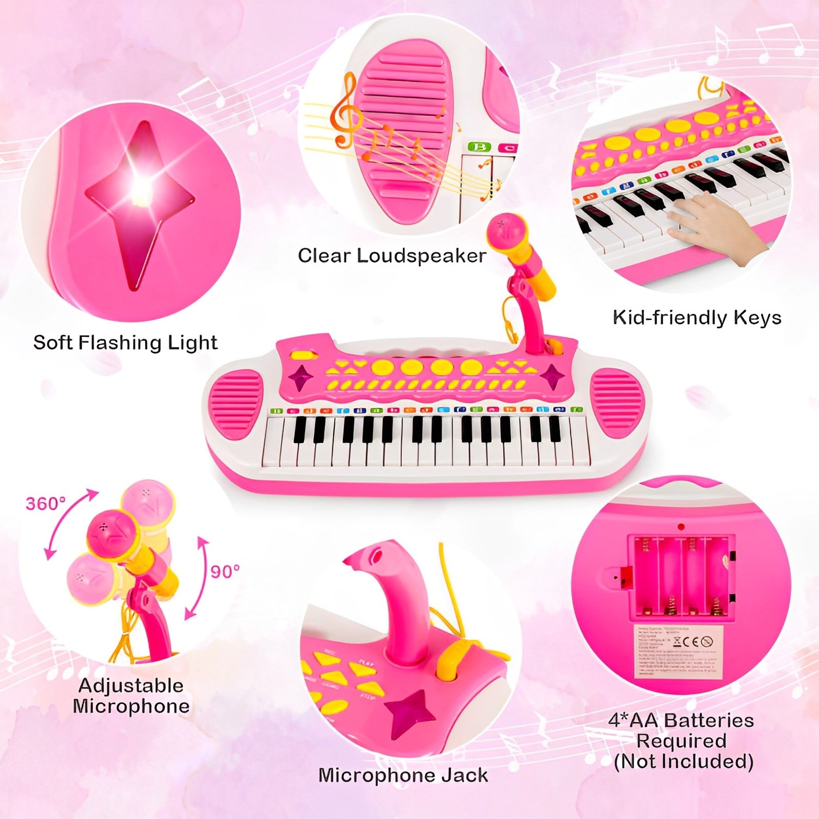 SUGIFT Kids 31-Key Piano Keyboard Toy Adjustable Microphone Stool 22 Demo Songs 8 Tones 18 x 9 x 18-in Ages 3+ Pink