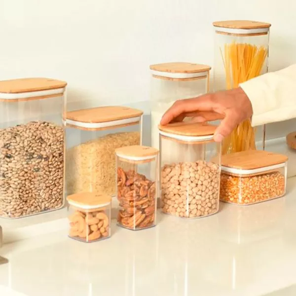OU Airtight Food Storage Container 6.3cup, Clear Plastic w/ Leak Proof Bamboo Lid, Stackable Kitchen Pantry Organizer