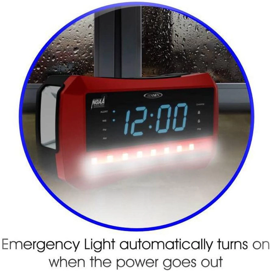 Jensen AM/FM Weather Band Dual Alarm Clock Radio with NOAA Alerts, Emergency Light & USB JEP-1775