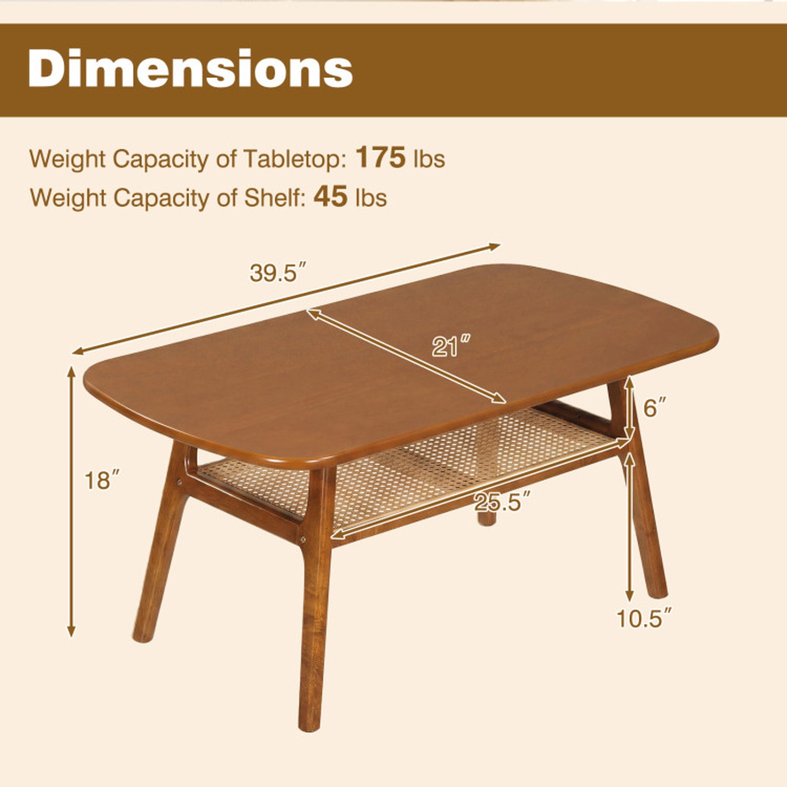 SUGIFT 2-Tier Boho Rattan Coffee Table with Rounded Corners 175-lb Tabletop 45-lb Shelf Capacity Natural/Walnut