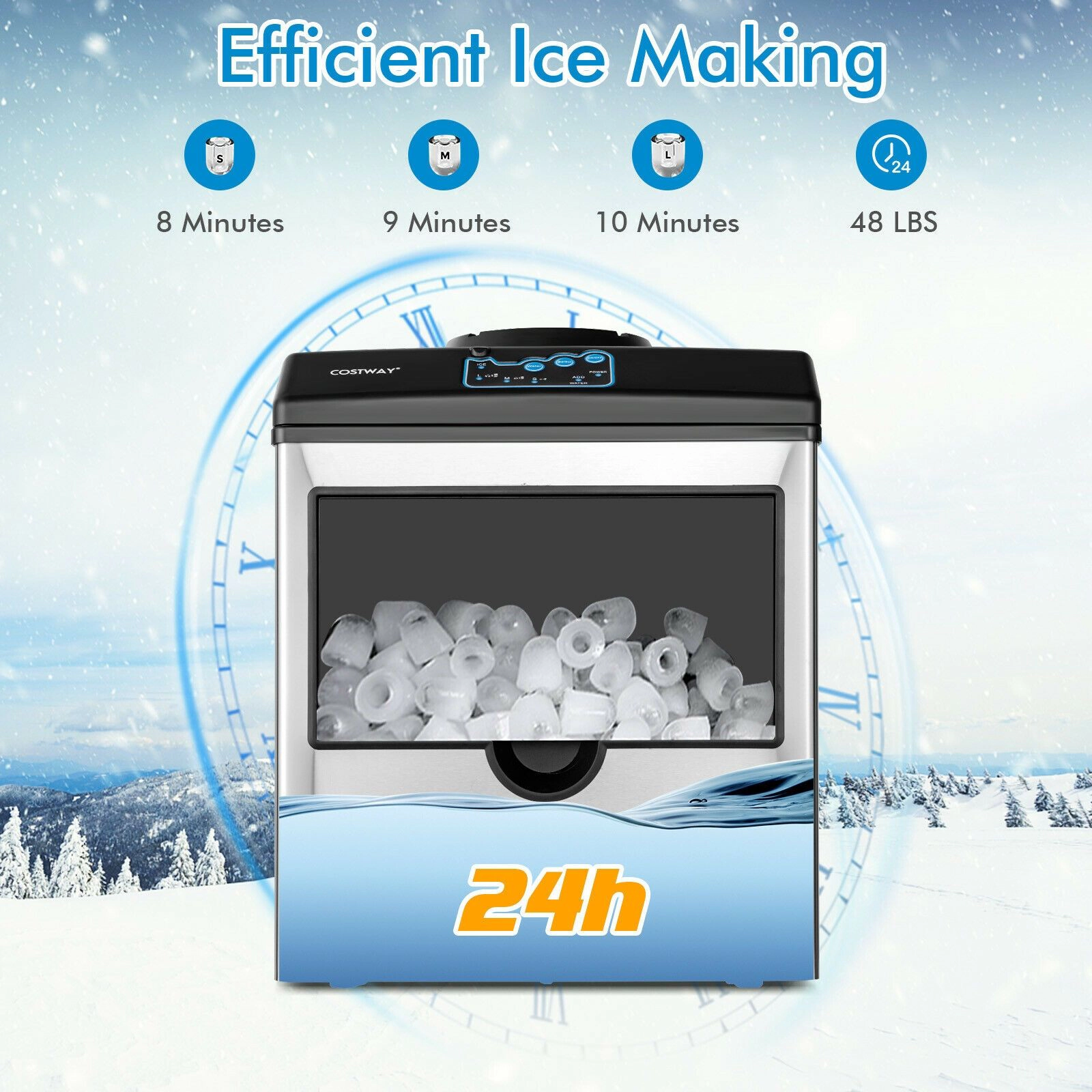SlickBlue Silver Black Stainless Steel Ice Machine, 48 Lbs Daily