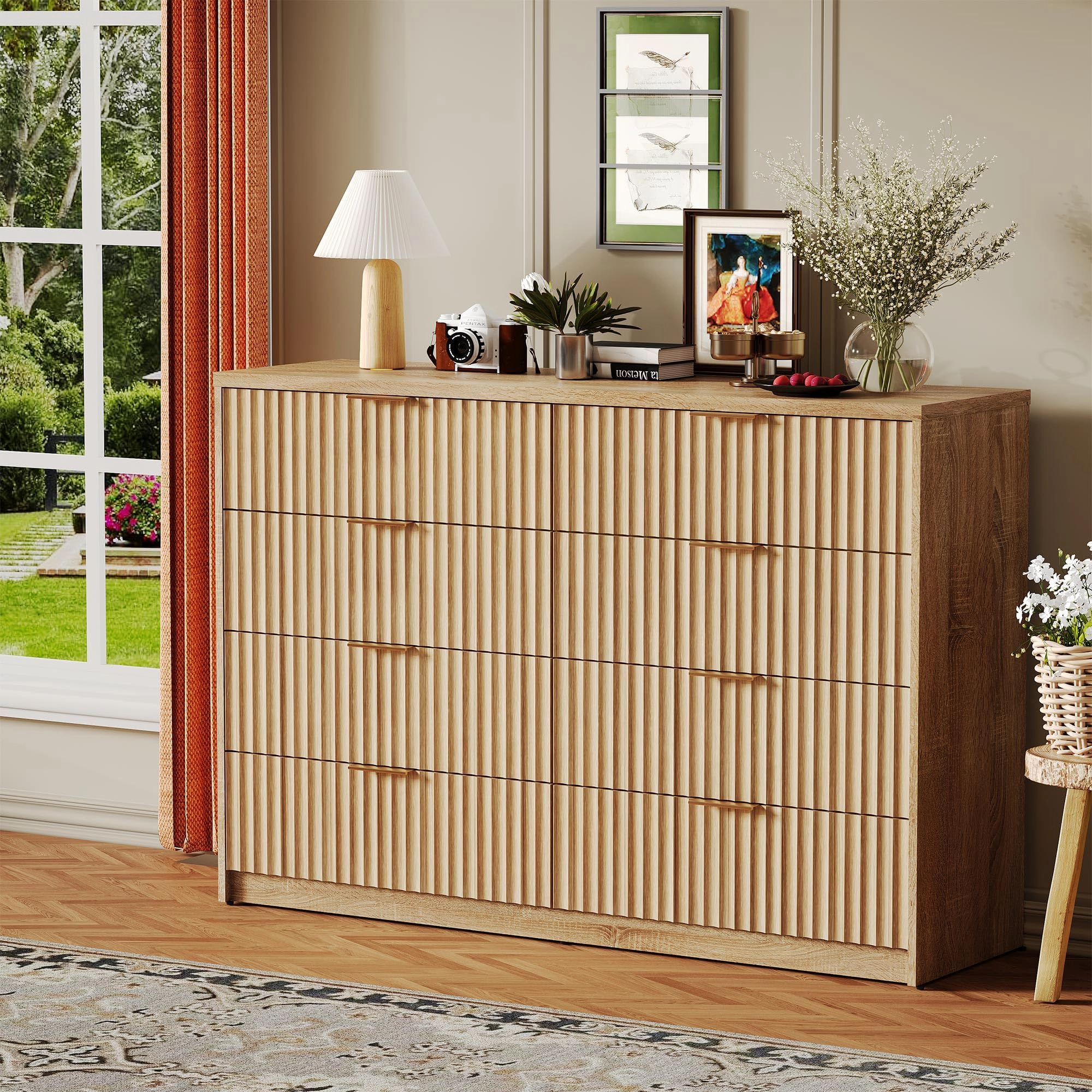 8 Drawer Fluted Double Dresser with Metal Handles, Modern Wood Storage Chest for Bedroom Entryway