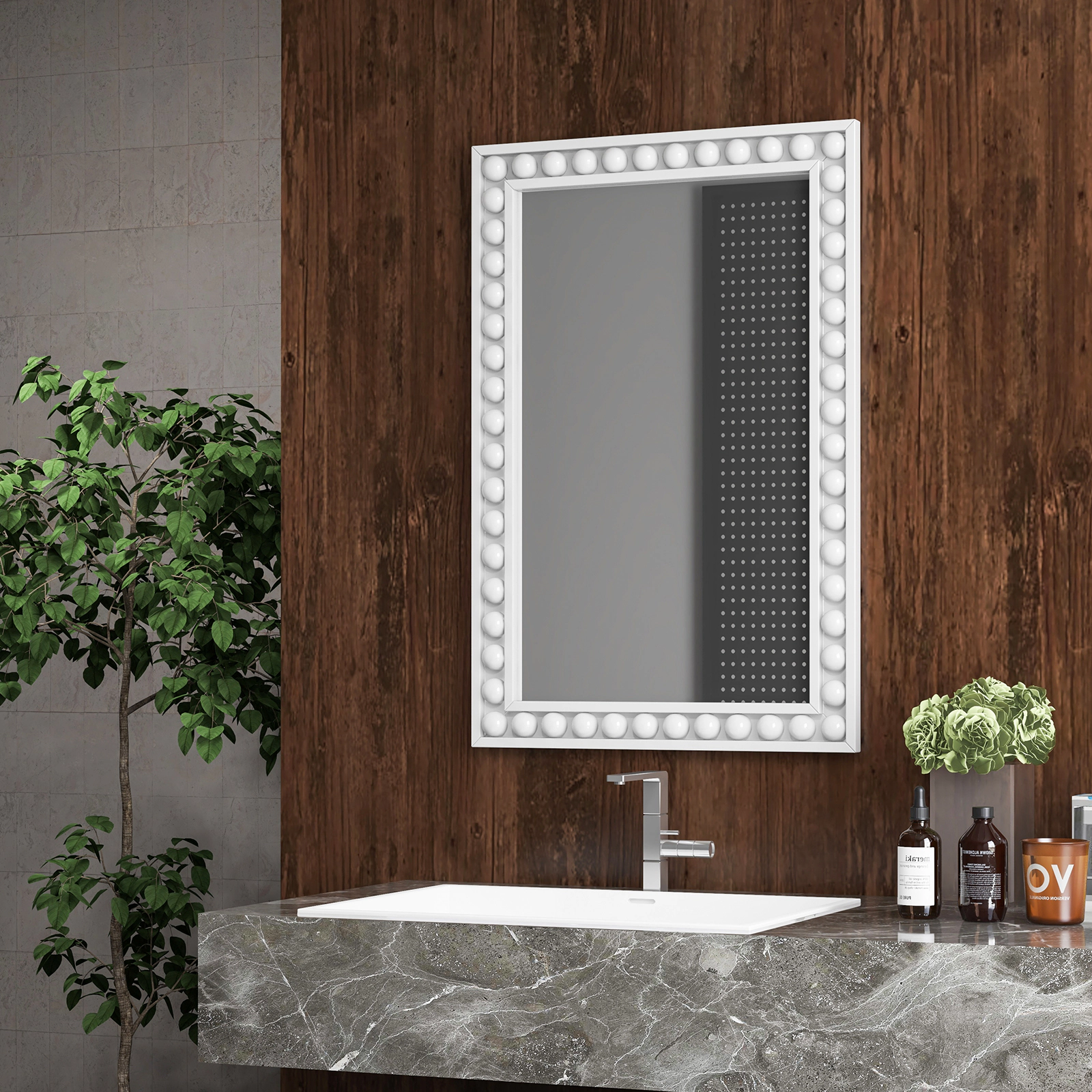 SUGIFT Beaded Frame Solid Rubber Wood Farmhouse Rectangular Wall Mirror 36-in x 24-in 1-in Thick 16.5-lb White