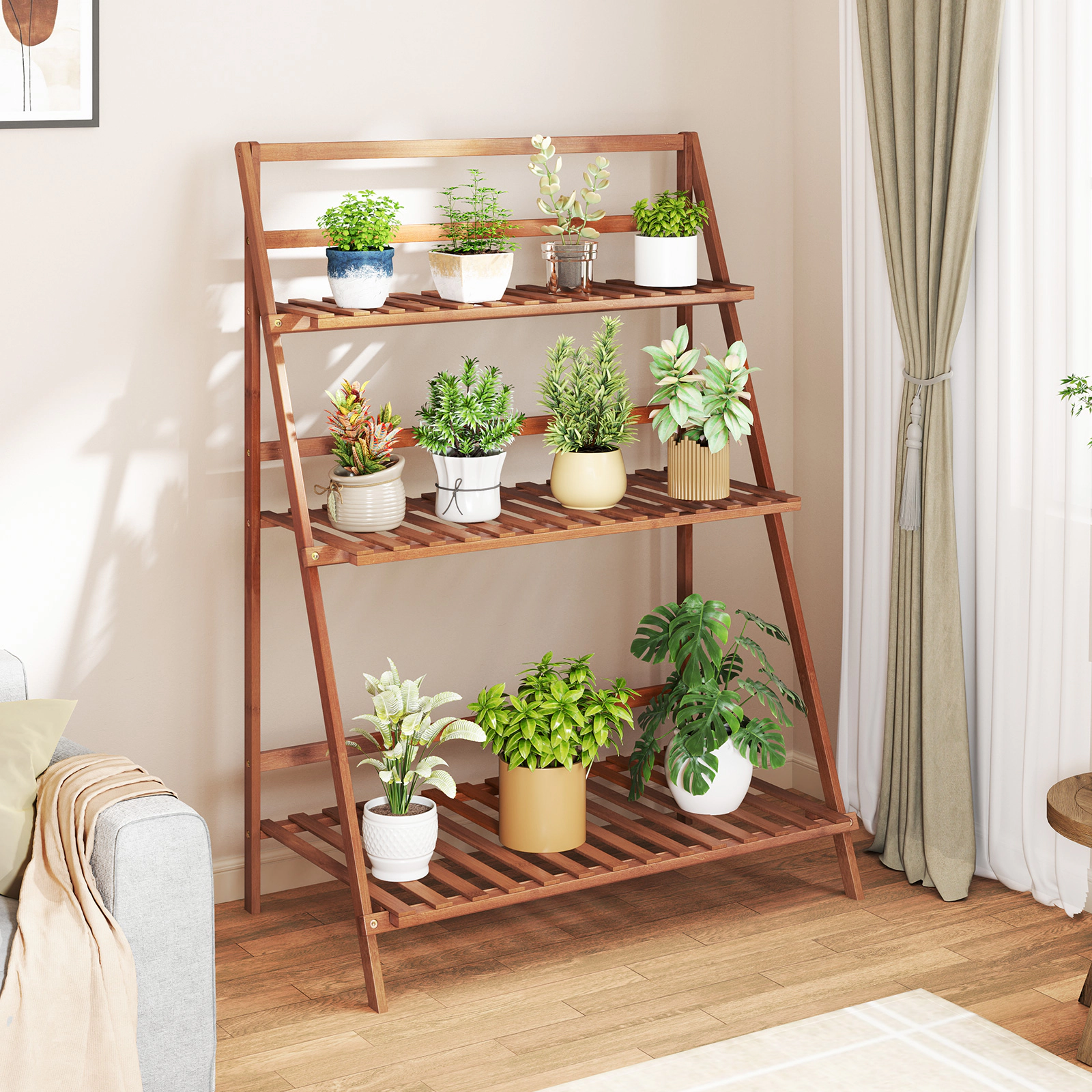 LJG 3-Tier Bamboo Ladder Shelf Foldable Plant Flower Bookshelf