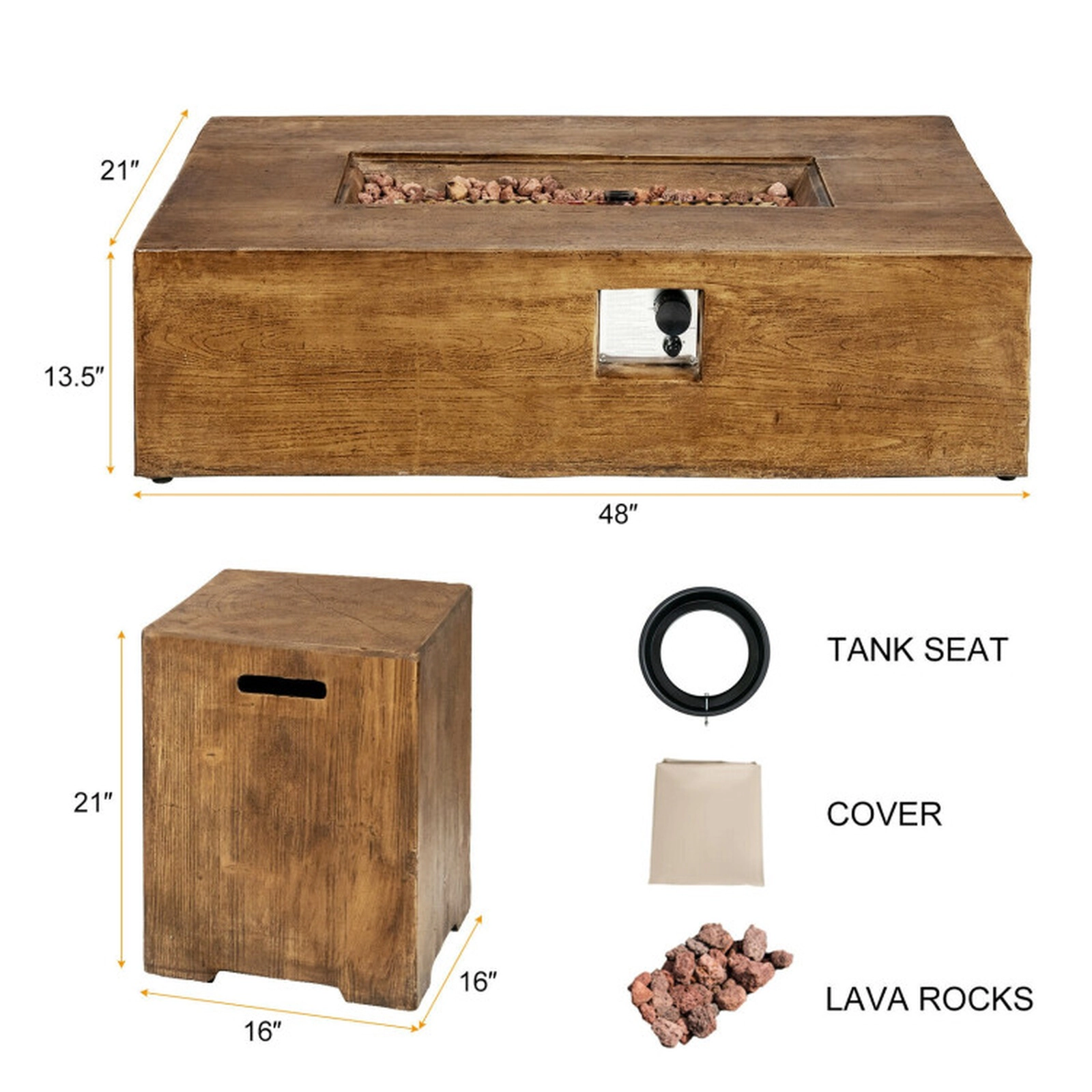 SUGIFT 2-Piece Brown Rectangular Propane Fire Pit Table Set with Hideaway Tank Holder 48-in W 27-in D 13.5-in H