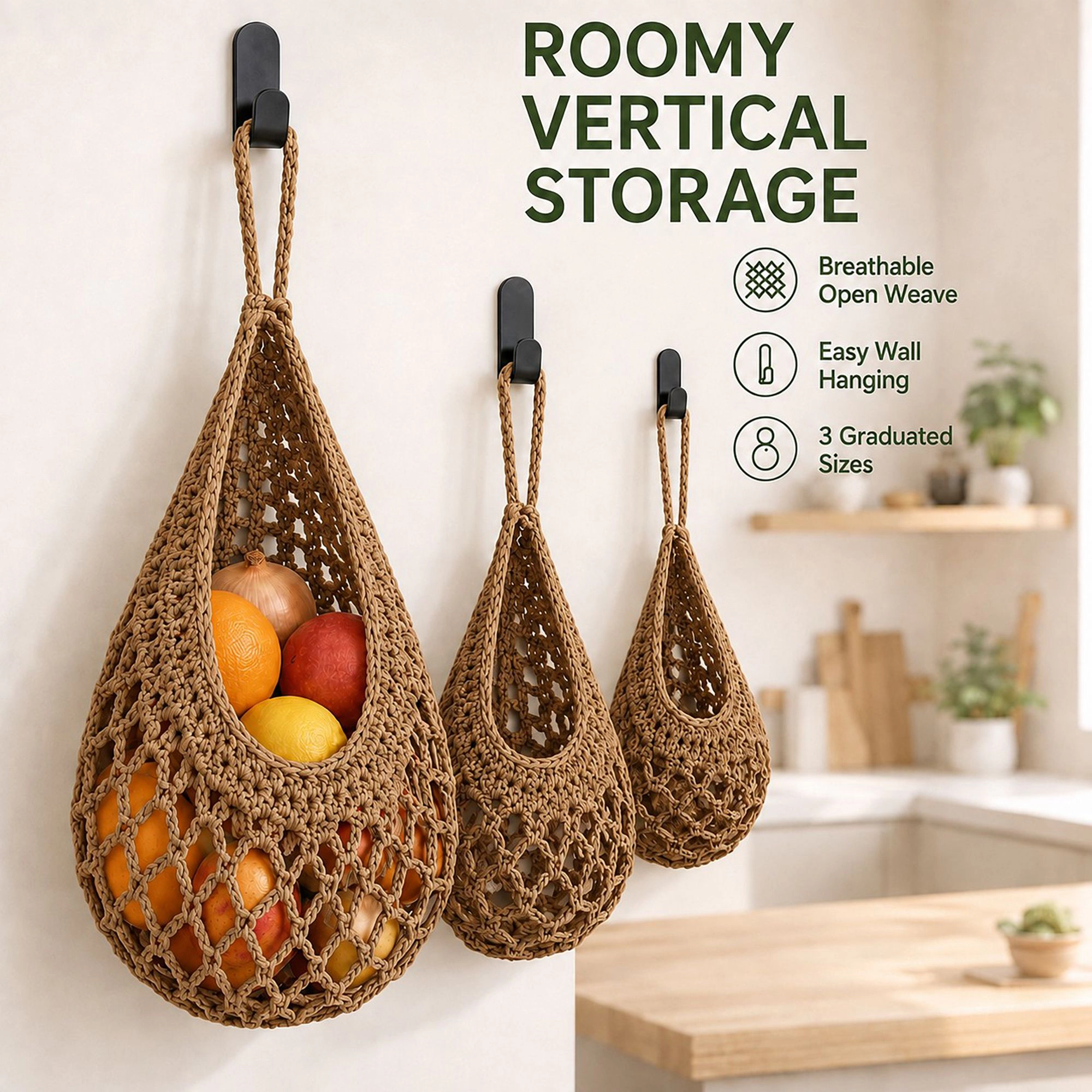 Alilang Women 3pc Crochet Hanging Storage Basket Set Small Medium Large Wall Organizer Bins