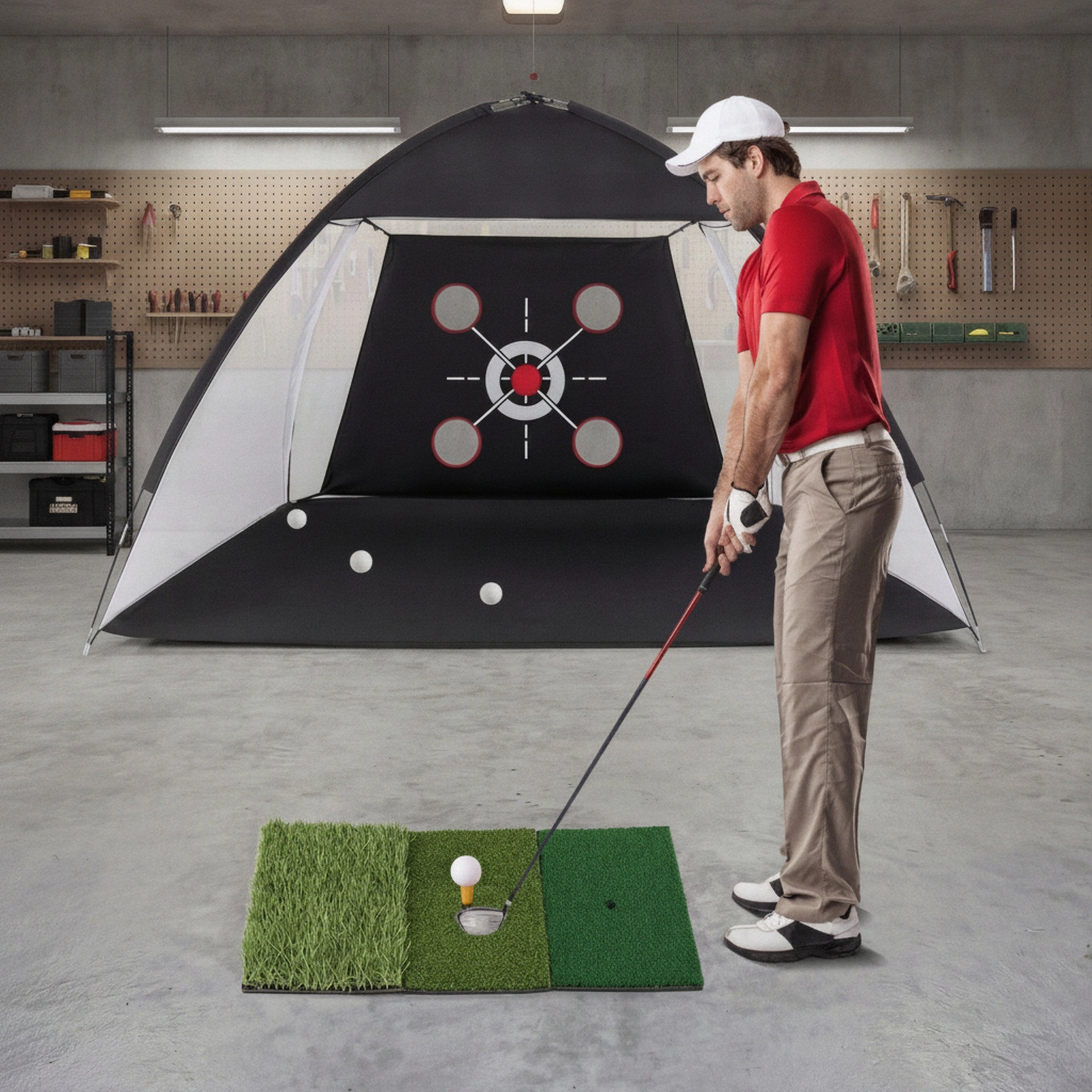 10.3-ft x 6.5-ft Golf Practice Net Foldable Tri-Turf Hitting Mat Target Zones 4 Ground Stakes Carry Bag Black