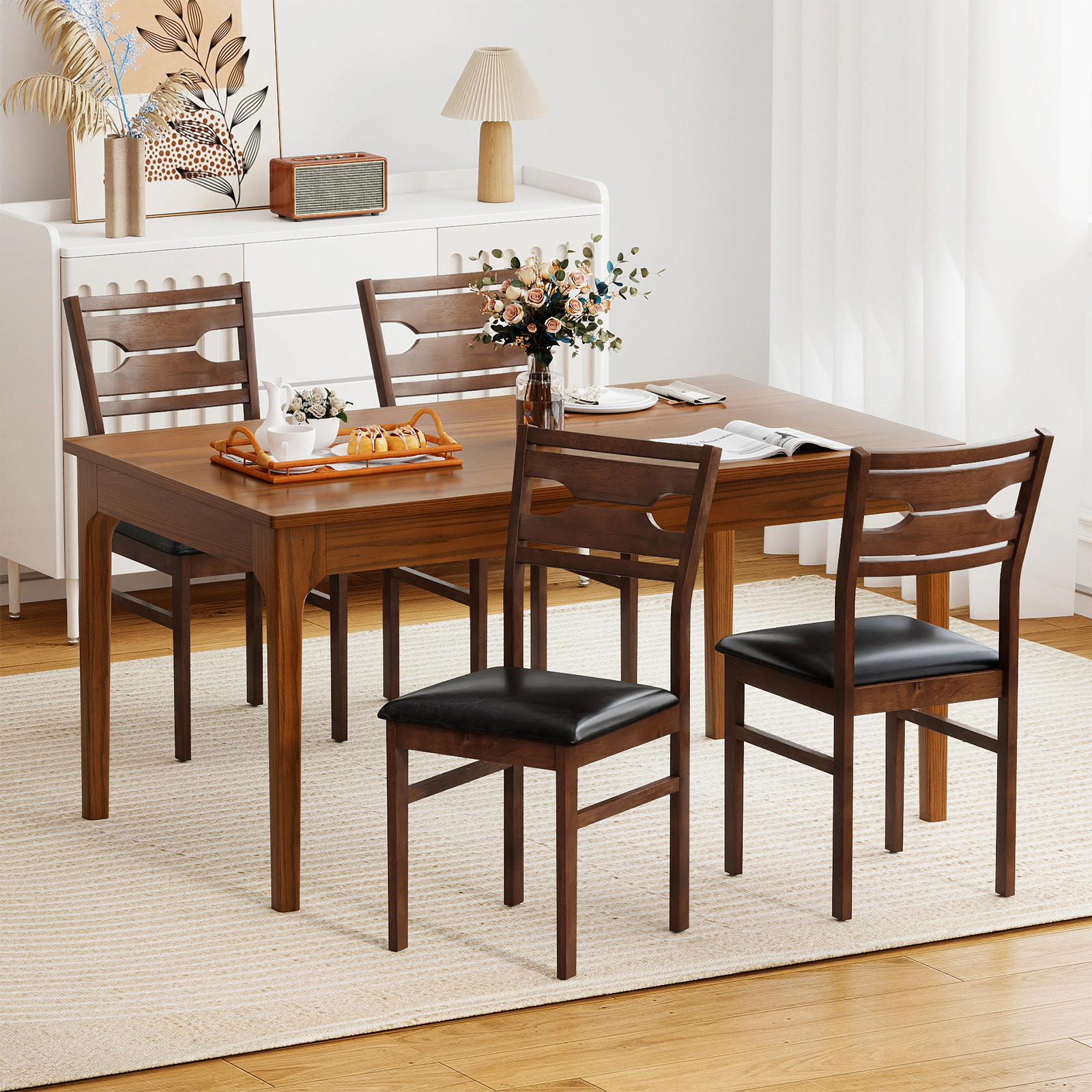 SUGIFT Walnut Wooden PU Leather Padded Seat Rubber Wood Frame Set of 2 Dining Chairs