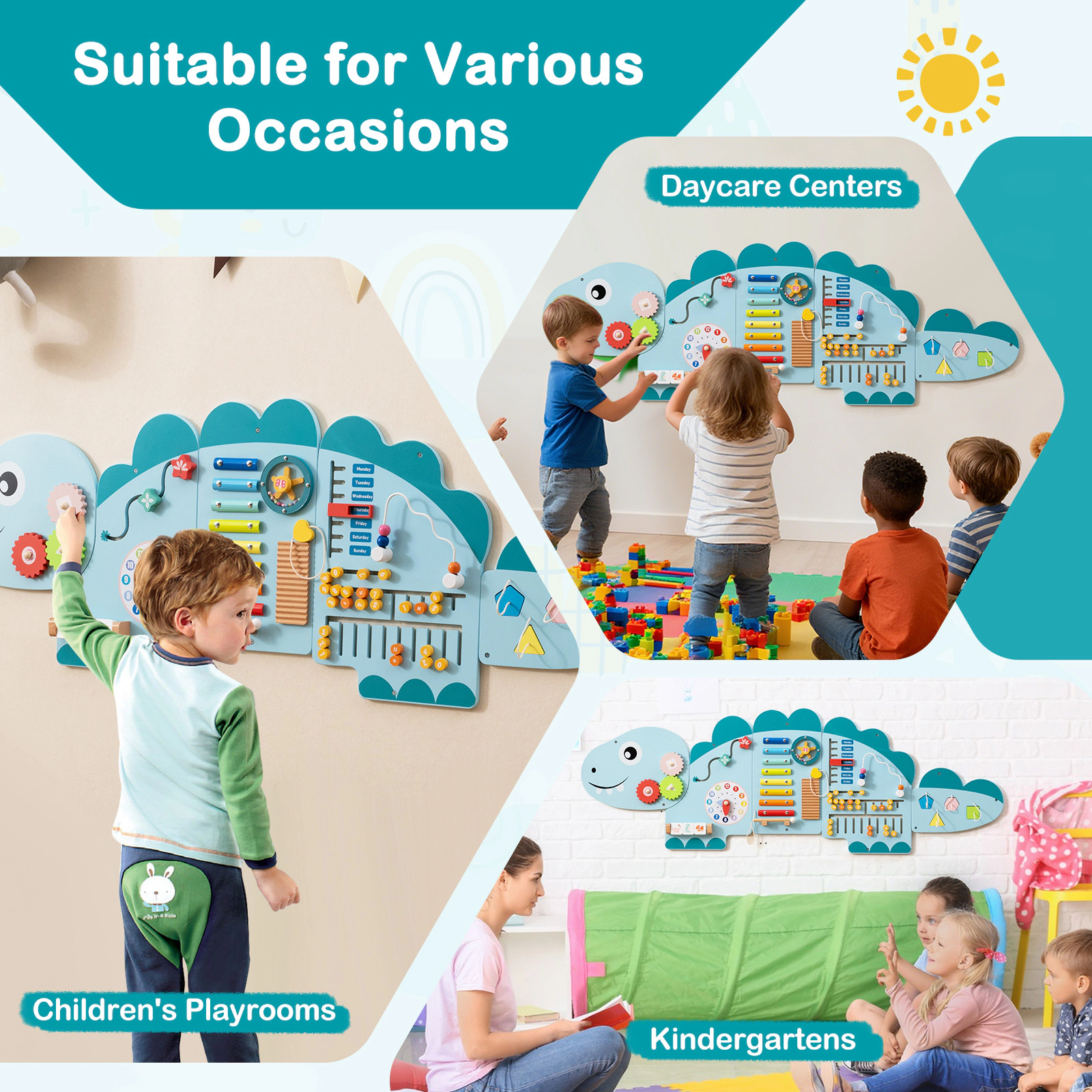 SUGIFT Toddler Blue 11-in-1 Dinosaur Montessori Busy Board with 5 Wall Panels 57-in W 18-in H Ages 3+