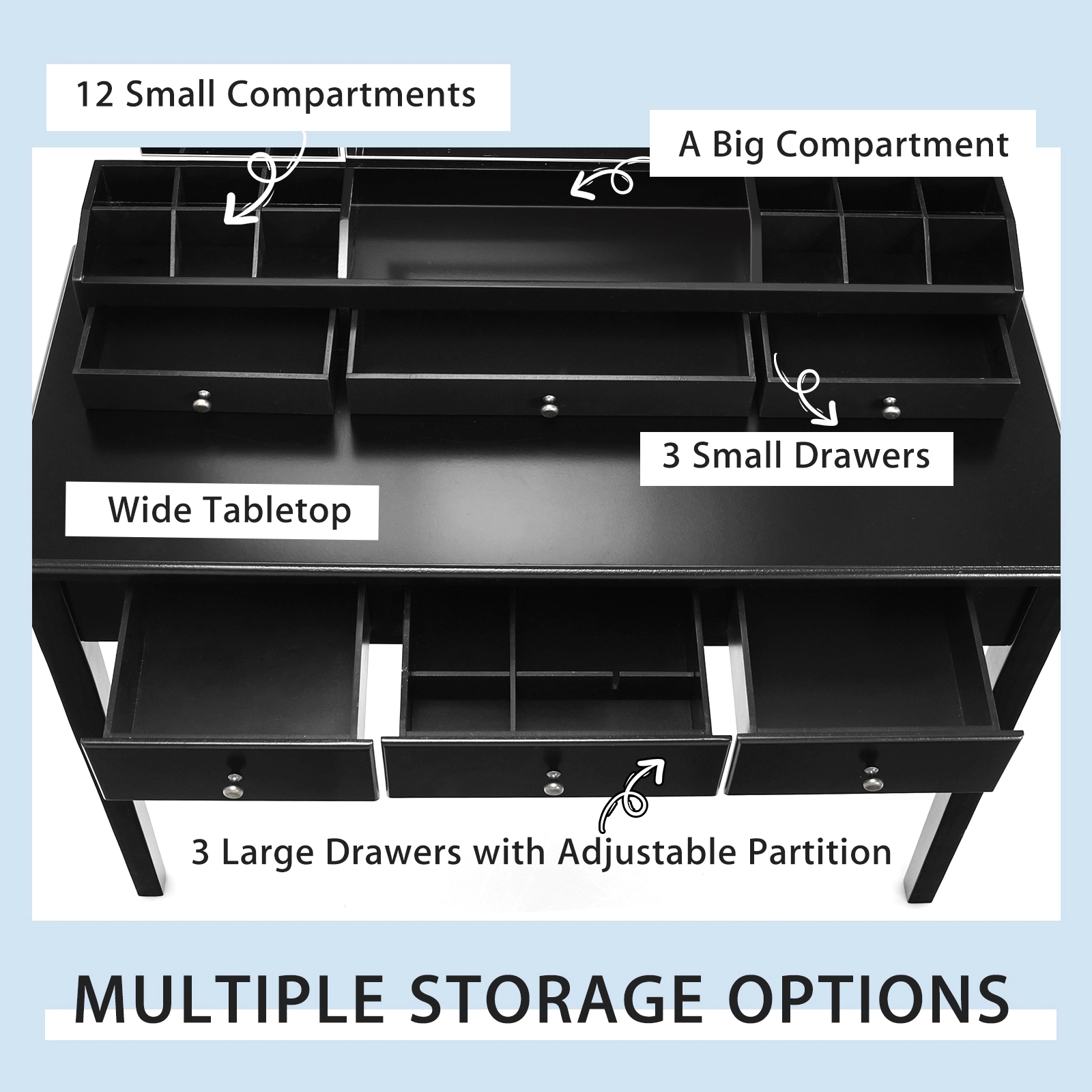 SUGIFT Tri-Folding Lighted Mirror Vanity Table and Stool Set 40-in Wide 110-lb Desktop Capacity 2-Piece Black