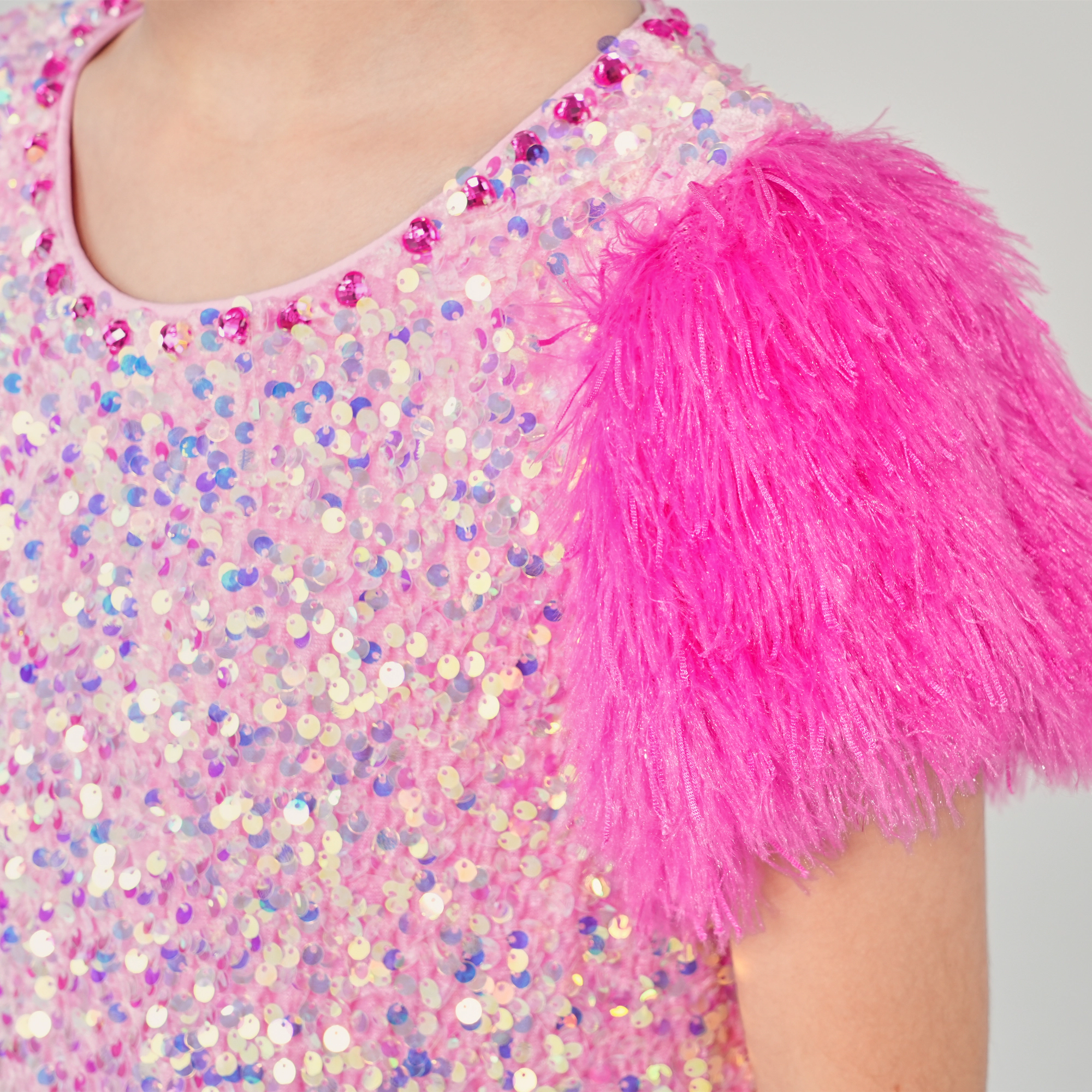 2Bunnies Girls' Sequin Faux-Feather Sleeve Dress with Rhinestone Neckline