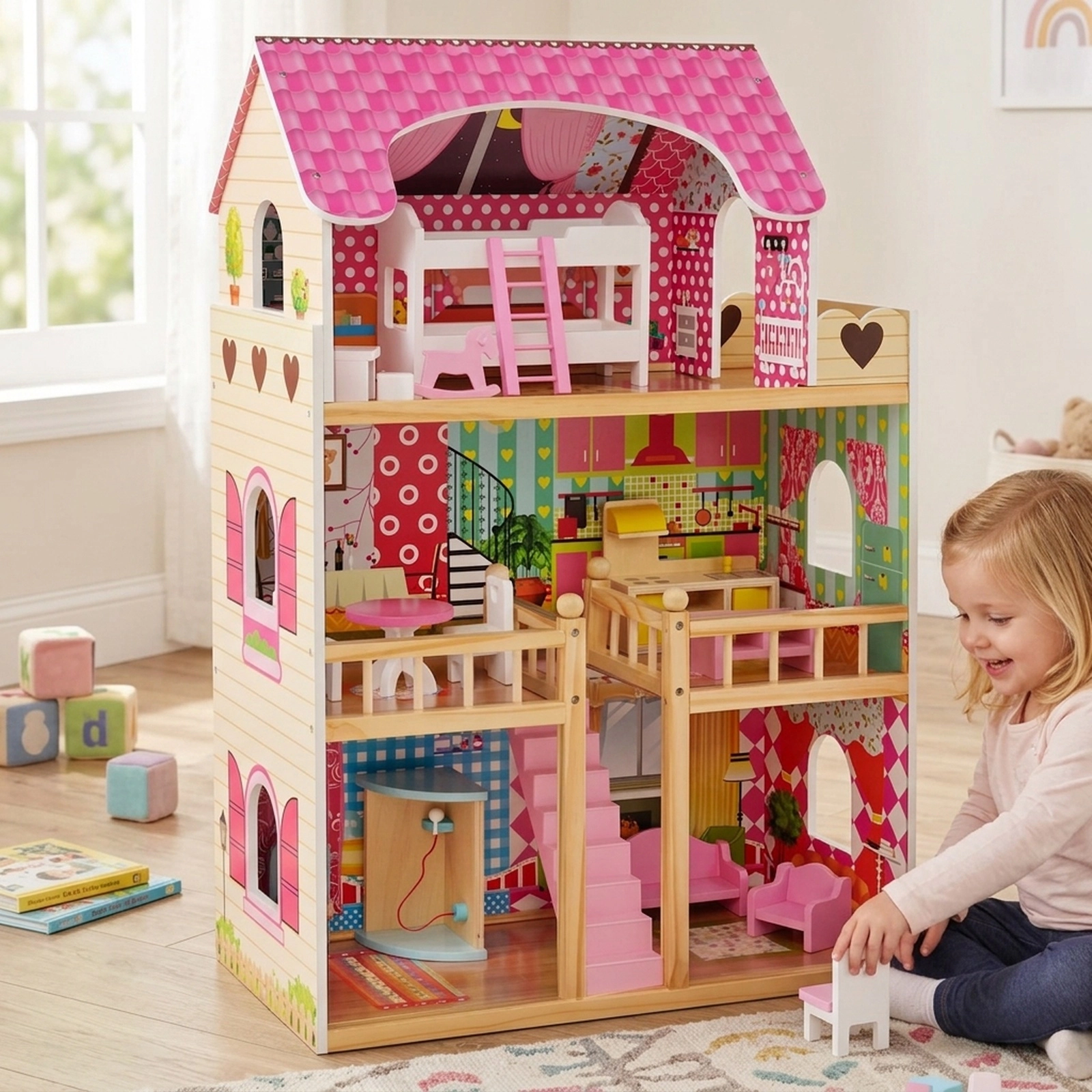 Doll House Playset 3-Story with 6 Rooms and 15-pc Furniture Semi-Open Design 23-in x 12-in x 36-in Pink