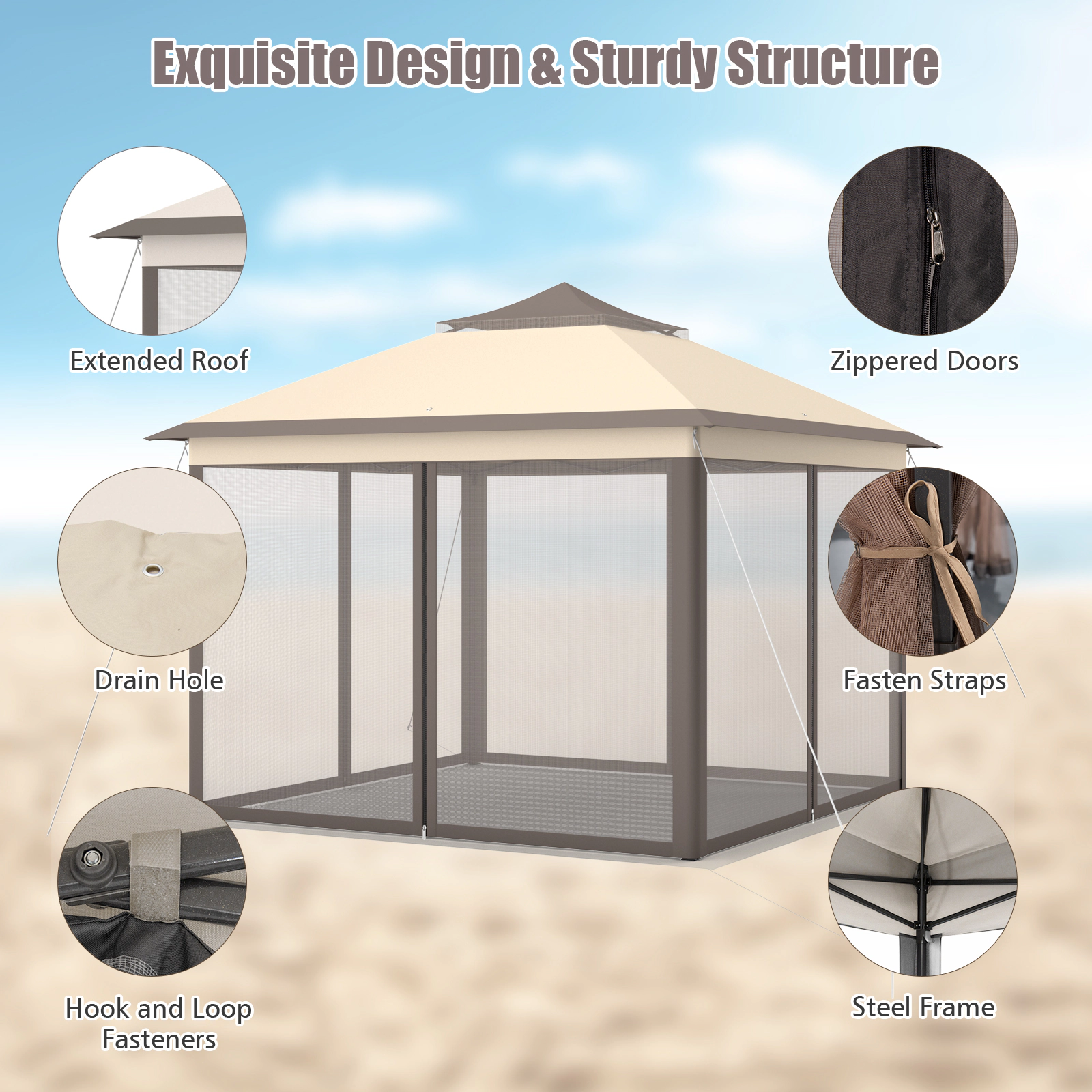 SUGIFT 2-Tier Pop-Up Gazebo Tent Portable Canopy Shelter with Mesh Screens Carry Bag Brown/Beige
