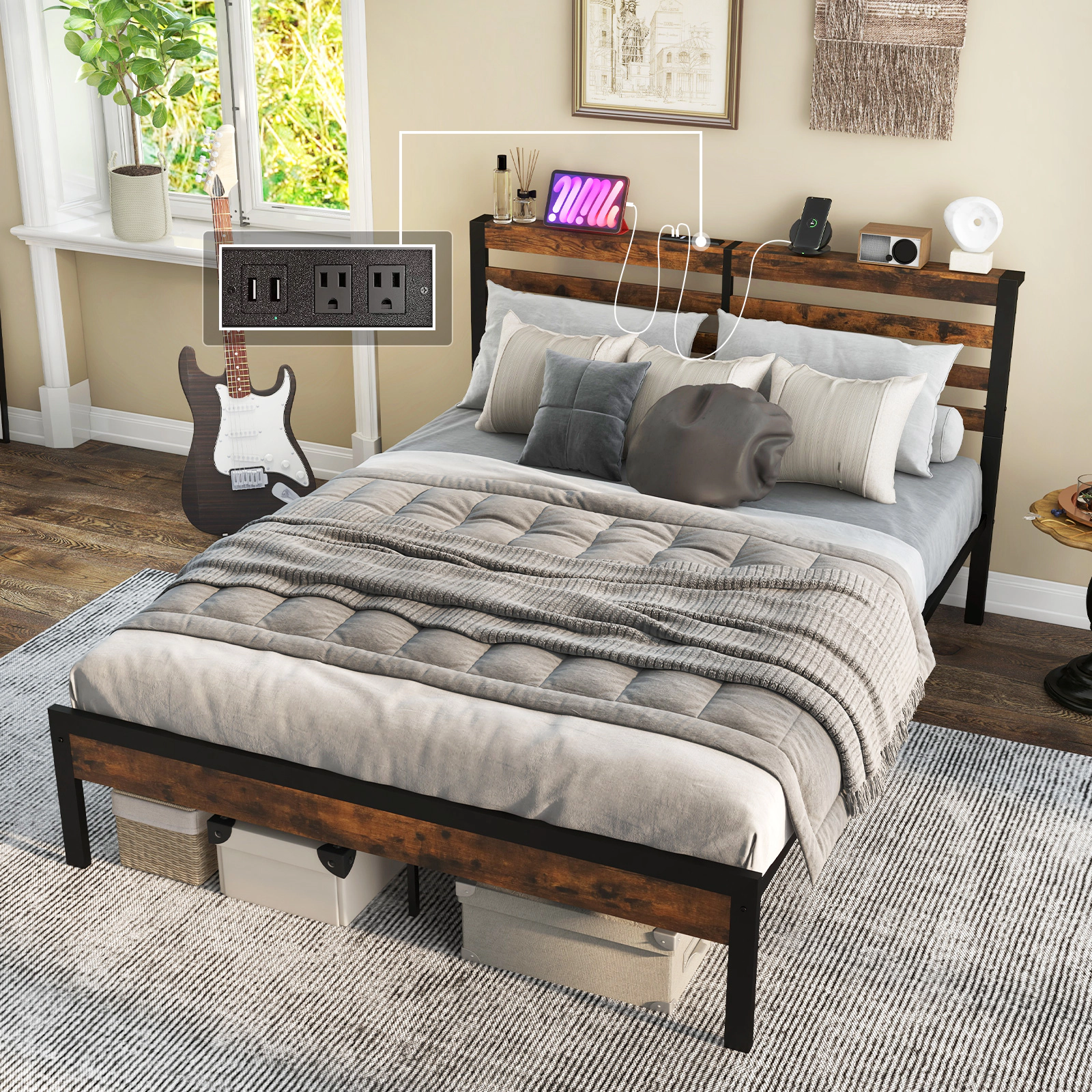 SUGIFT Rustic Brown Charging Station Storage Headboard and Metal Slats Queen Size Bed Frame