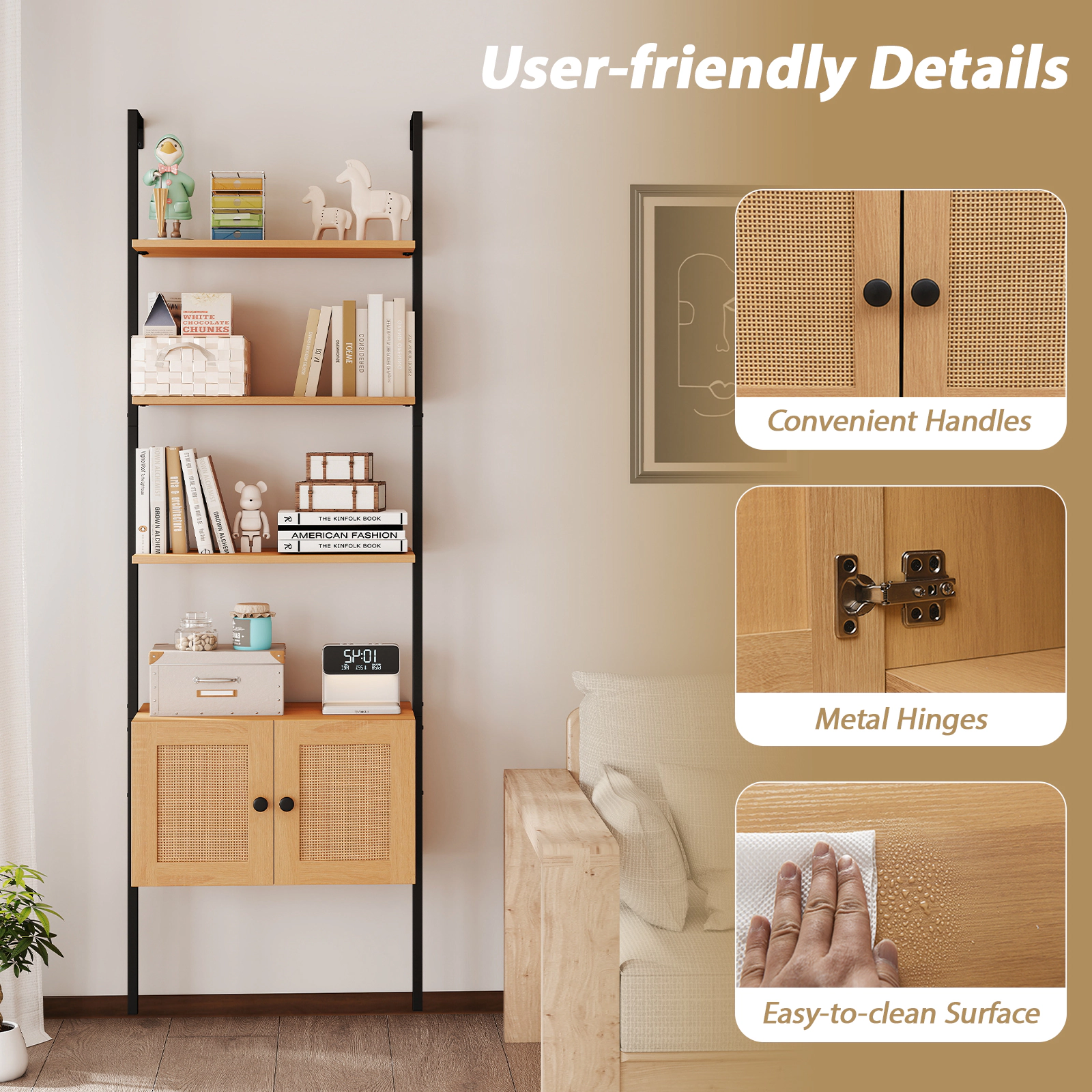 SUGIFT Natural 5-Tier Ladder Bookcase with PE Rattan Cabinet and Metal Frame