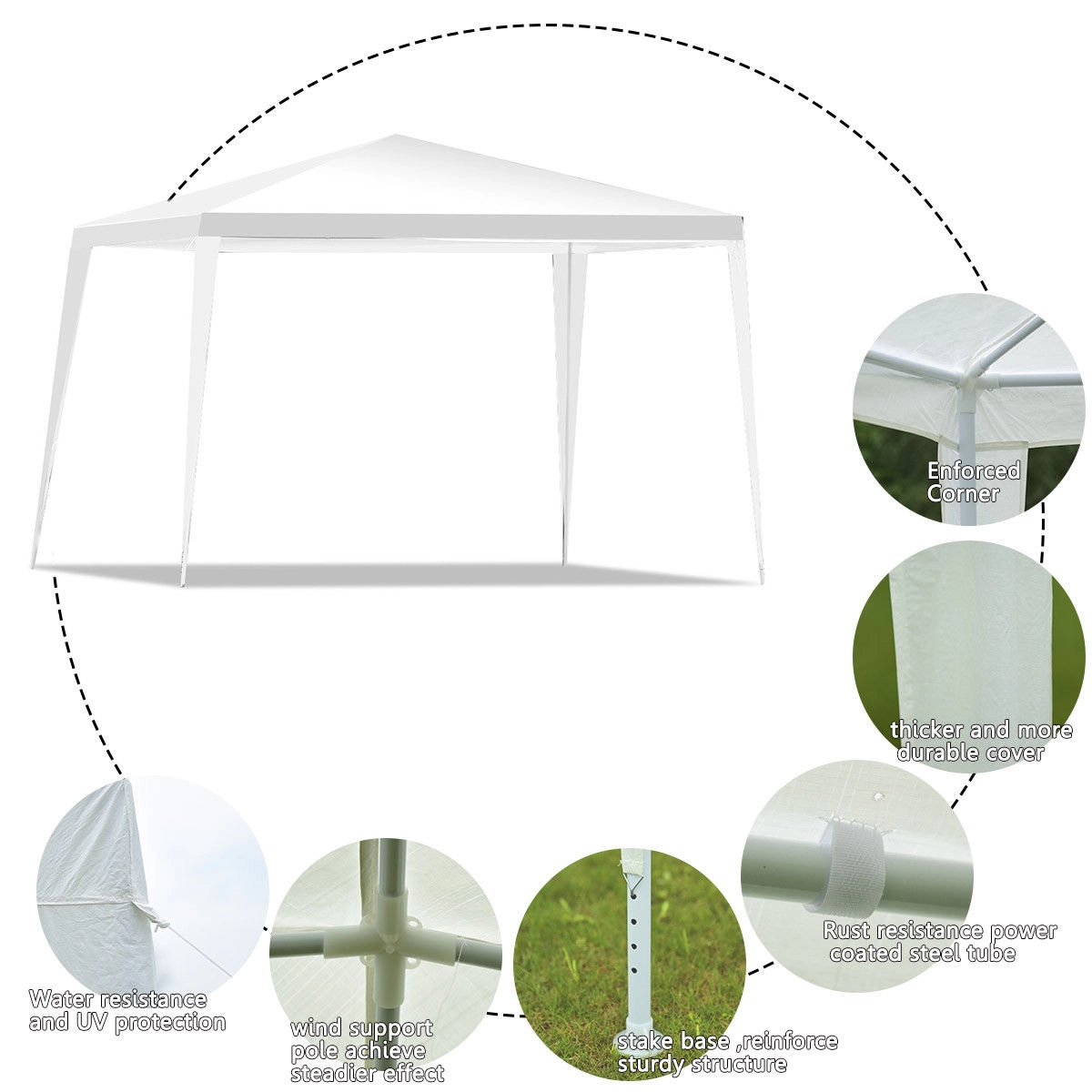 SUGIFT White Outdoor Wedding Party Canopy Tent with Steel Frame Ropes and Stakes 10-ft W 10-ft D 8.5-ft H