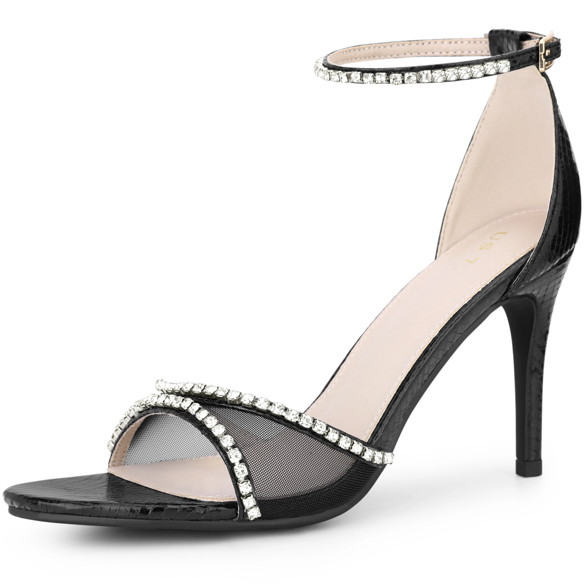 BLISSFUL STEP Women's Rhinestone Mesh Open Toe Stiletto Heels Ankle Strap Sandals