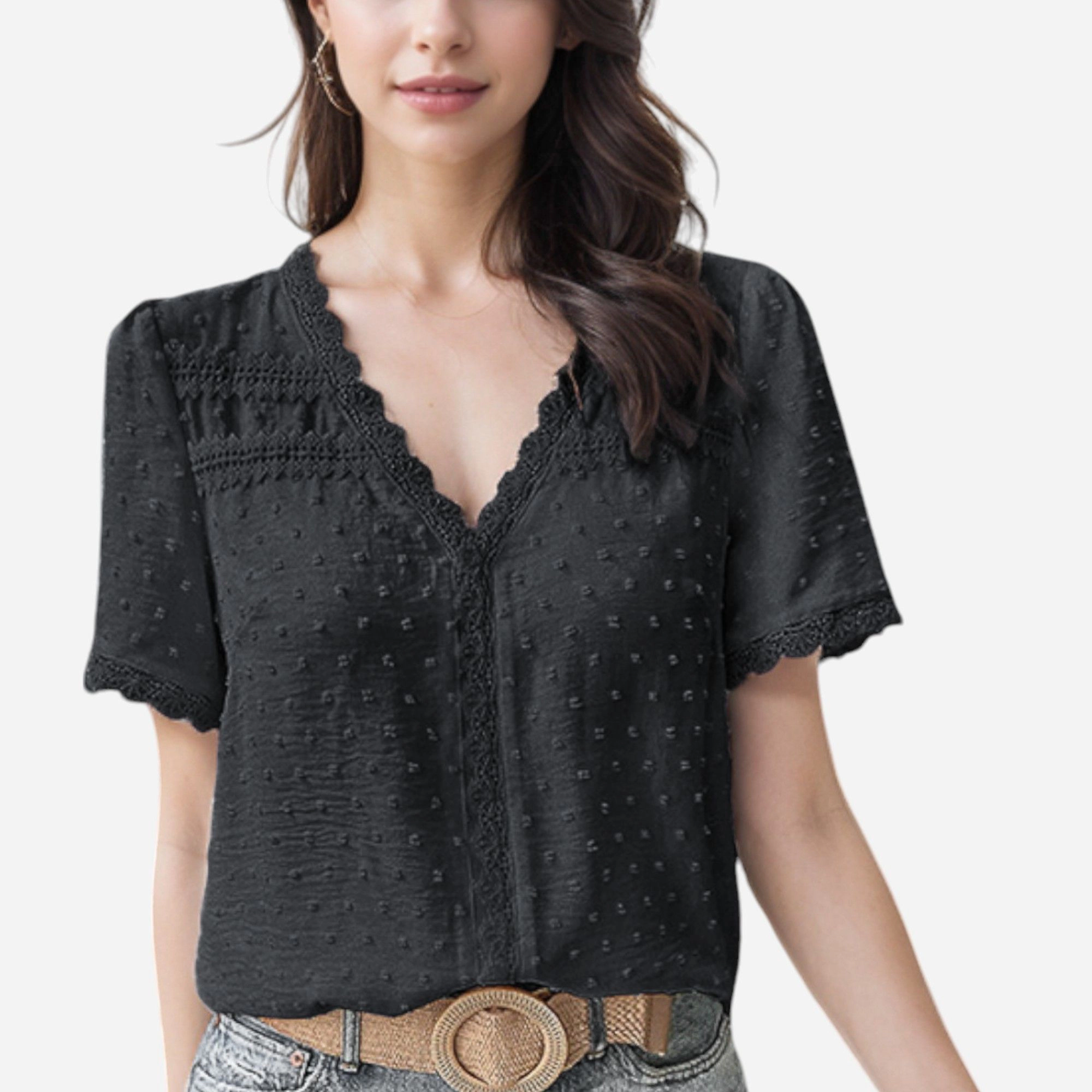 Anna-Kaci Lace Trim V-Neck Short Sleeve Polyester Blouse