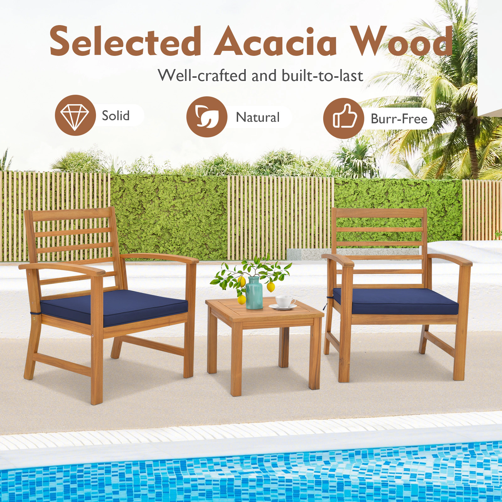 SUGIFT Outdoor Conversation Set with Cushions 400-lb Chair Capacity 180-lb Table Capacity Navy Gray/White