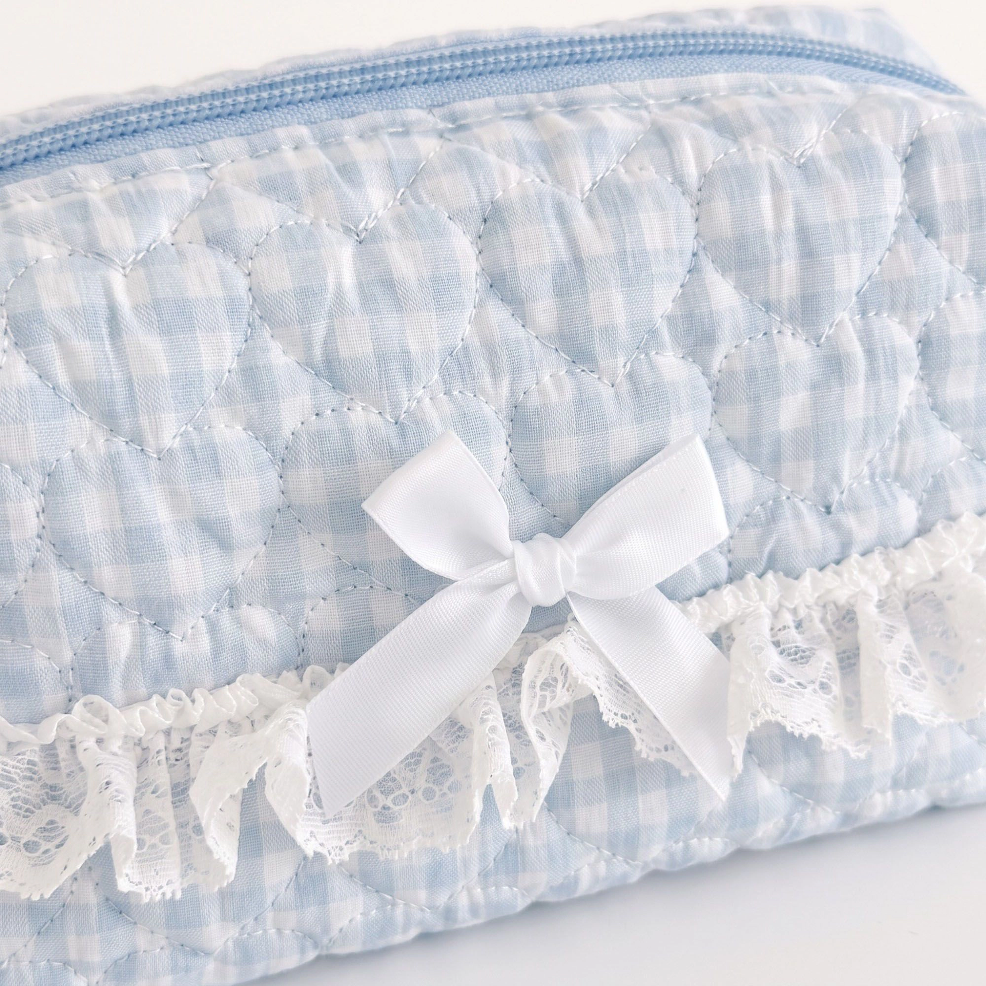 Alilang Unisex Gingham Quilted Cosmetic Bag with Lace Bow Detail