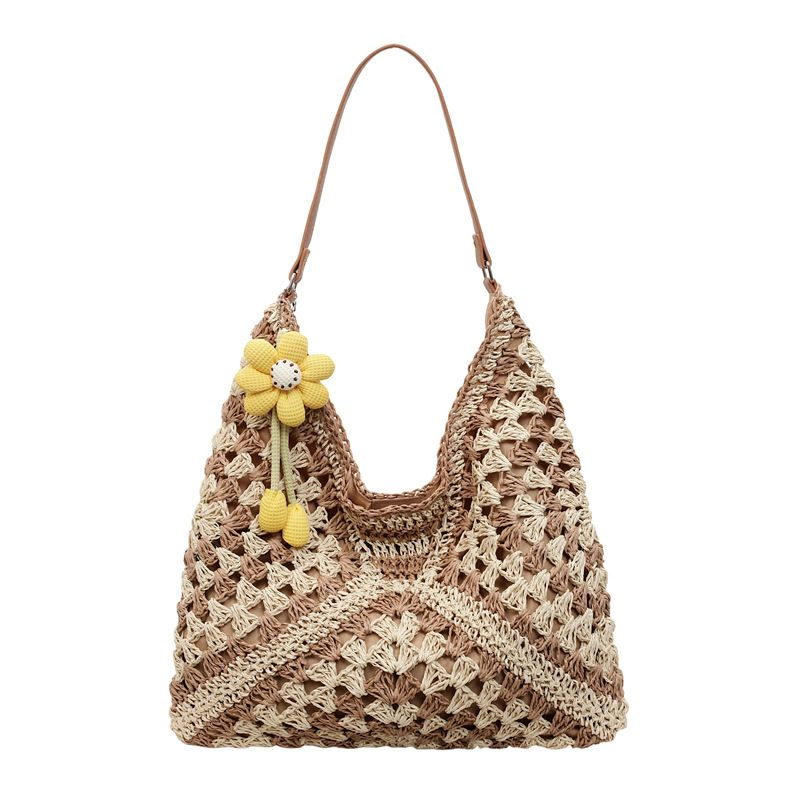 Alilang Women's Crochet Woven Hobo Shoulder Bag with Daisy Charm and Lined Interior