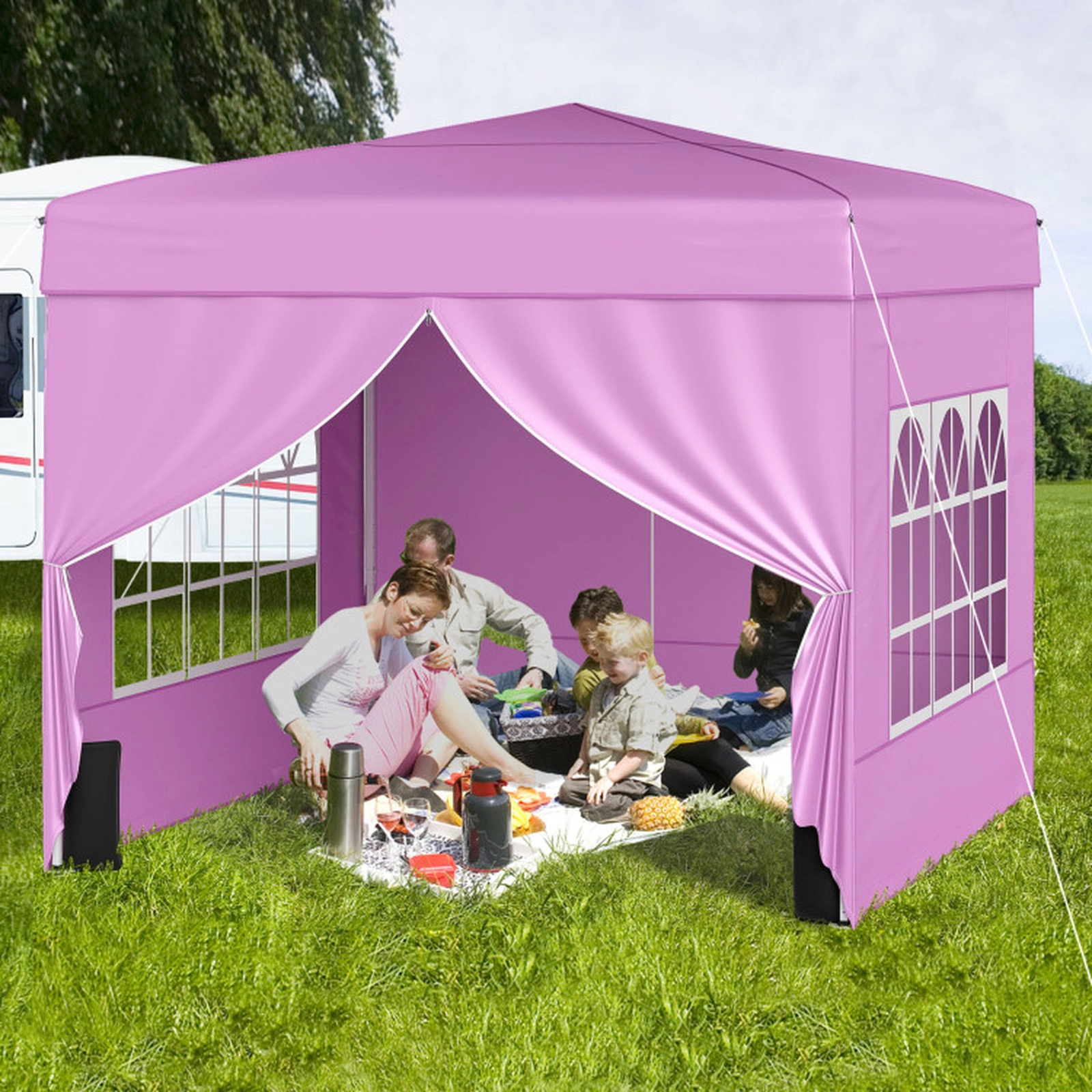 SUGIFT Pop Up 10-ft x 10-ft Canopy Gazebo Tent with 3-Height Adjustable Frame 4 Sidewalls Sandbags Stakes and Bag Pink