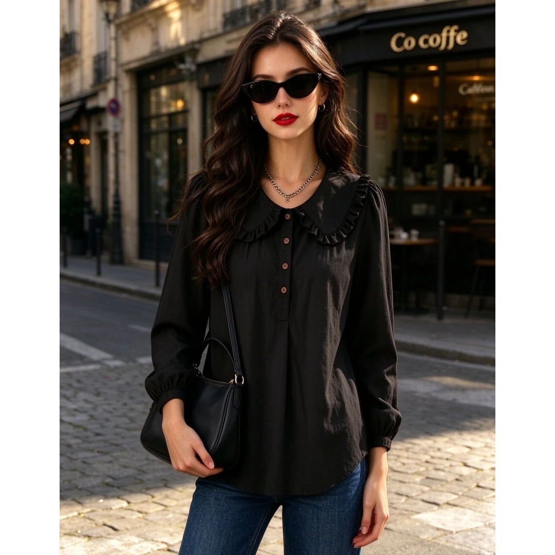 Coolmee Women's Solid Loose Peter Pan Collar Long Sleeve Cotton-Linen Look Shirt Blouse All Season