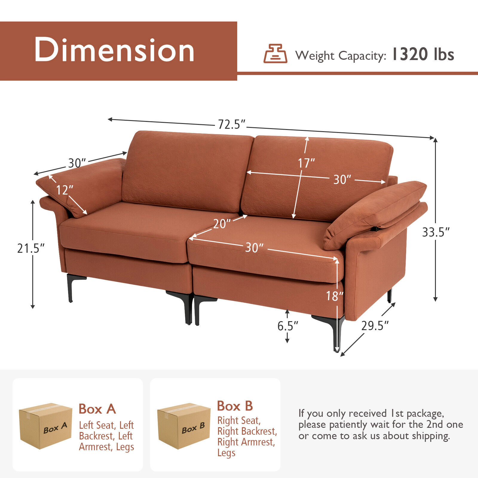 SUGIFT Modern Fabric Loveseat Sofa Rust Red with Metal Legs and Armrest Pillows