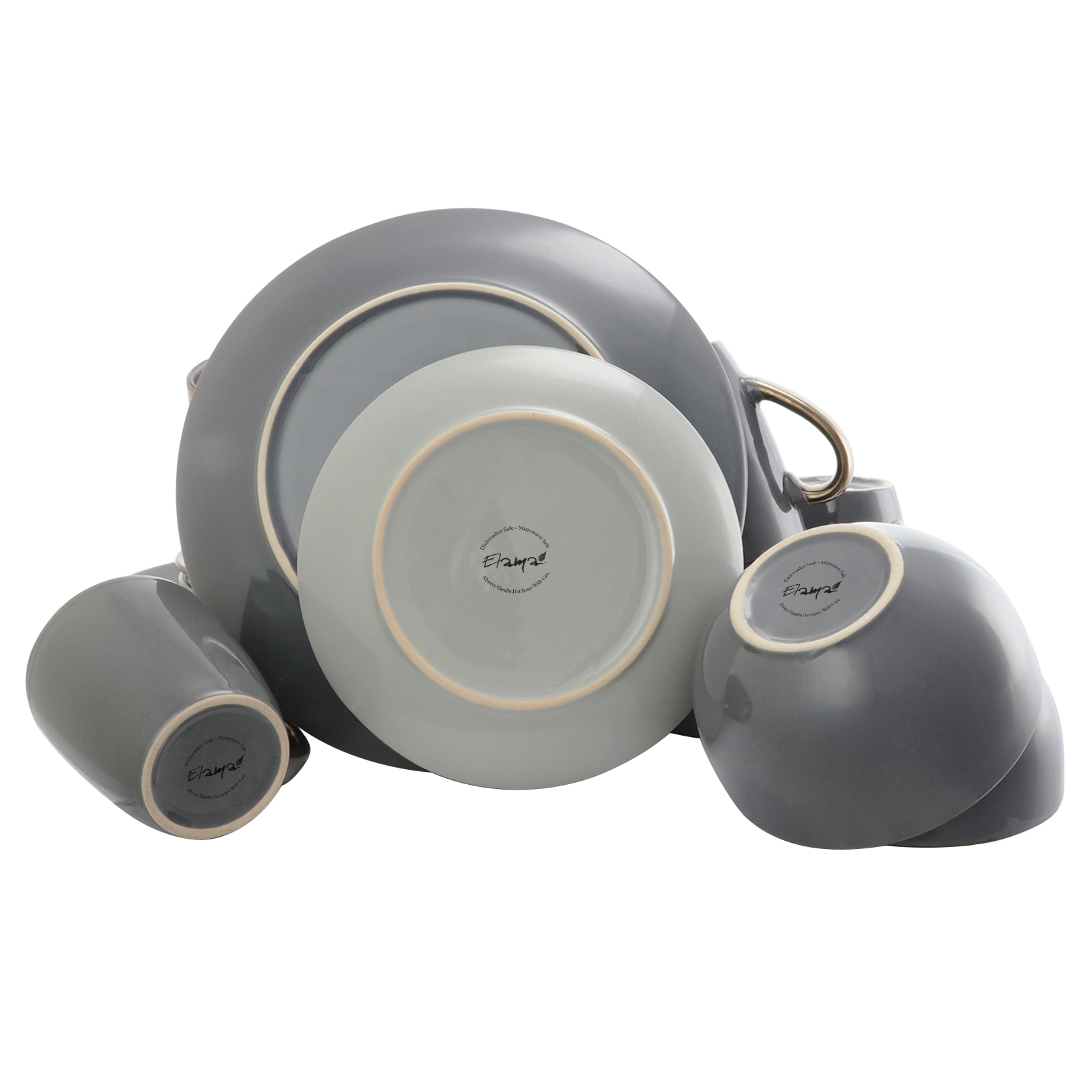 Elama Tahitian Grand 16 Piece Stoneware Dinnerware Set in Gray