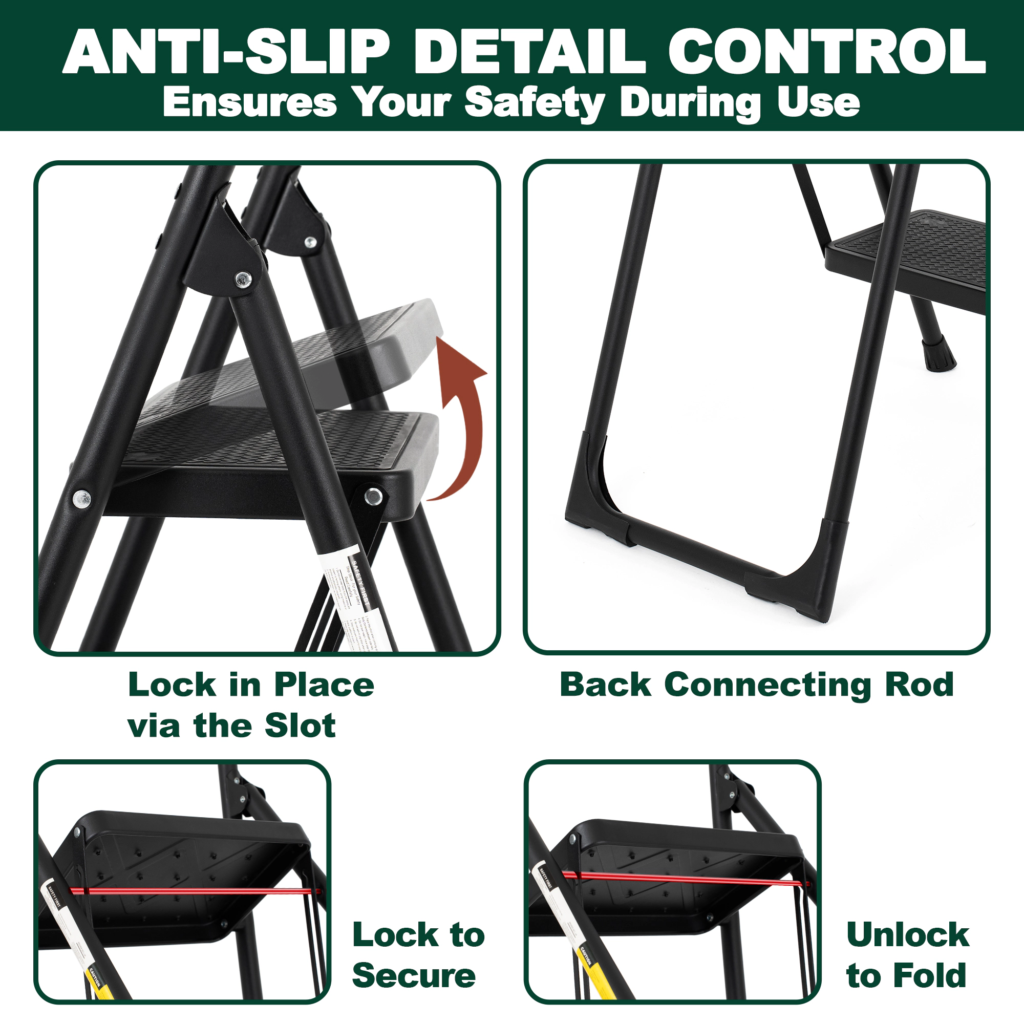 Flynama 3 Step Ladder- 330lb Capacity Steel Foldable Step Stool (Black)