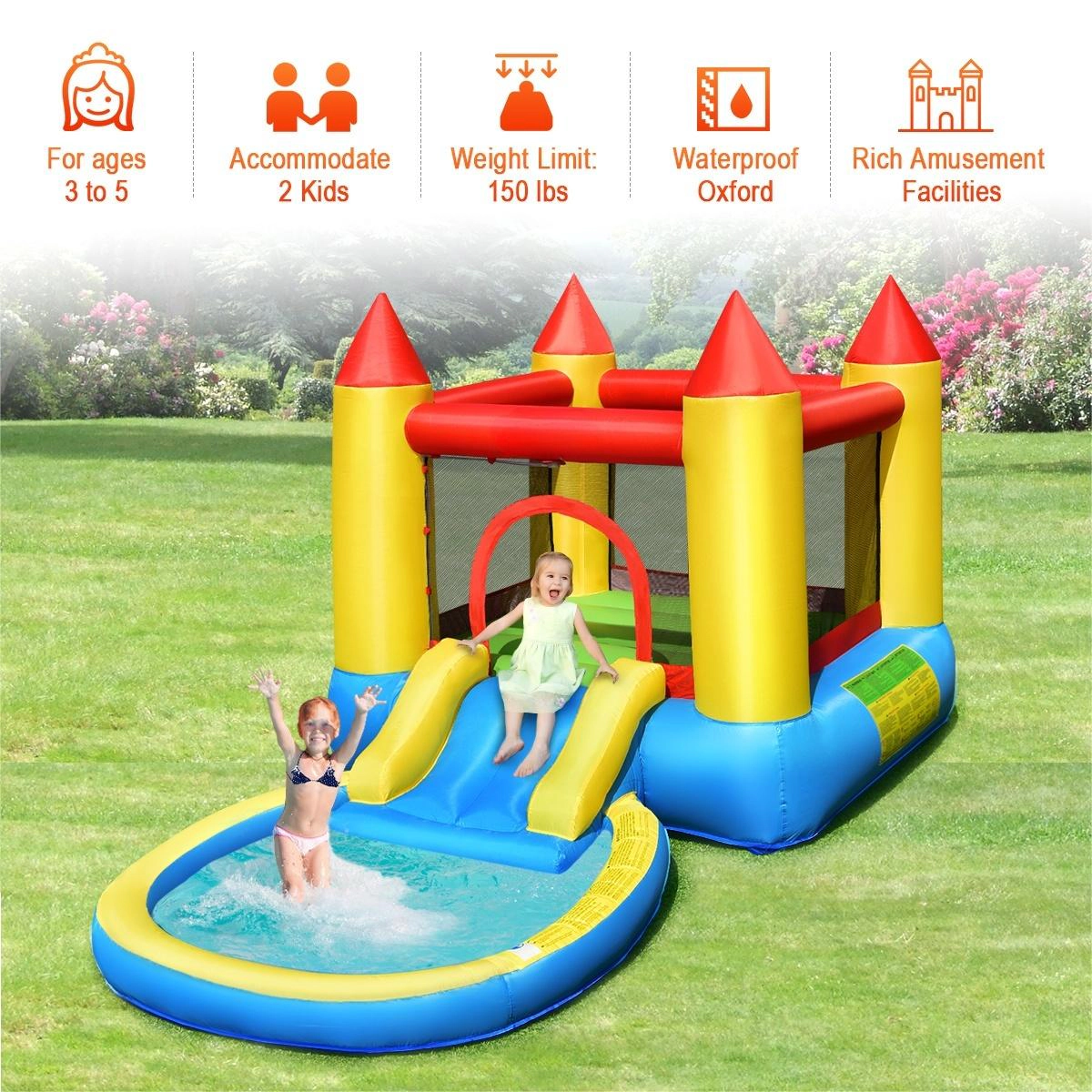 SUGIFT Inflatable Kids Slide Bounce House with 550 w Blower 150-lb Capacity Ages 3-5 Years Colorful 2-Child Design